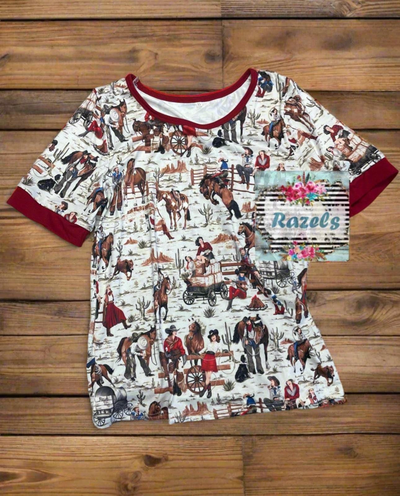 A cowgirl pajama set featuring a cheerful design of a cowgirl who can rope, ride broncs, and sing—complete with her trusty horse and dog by her side! Cute and soft and also available in matching mom size!