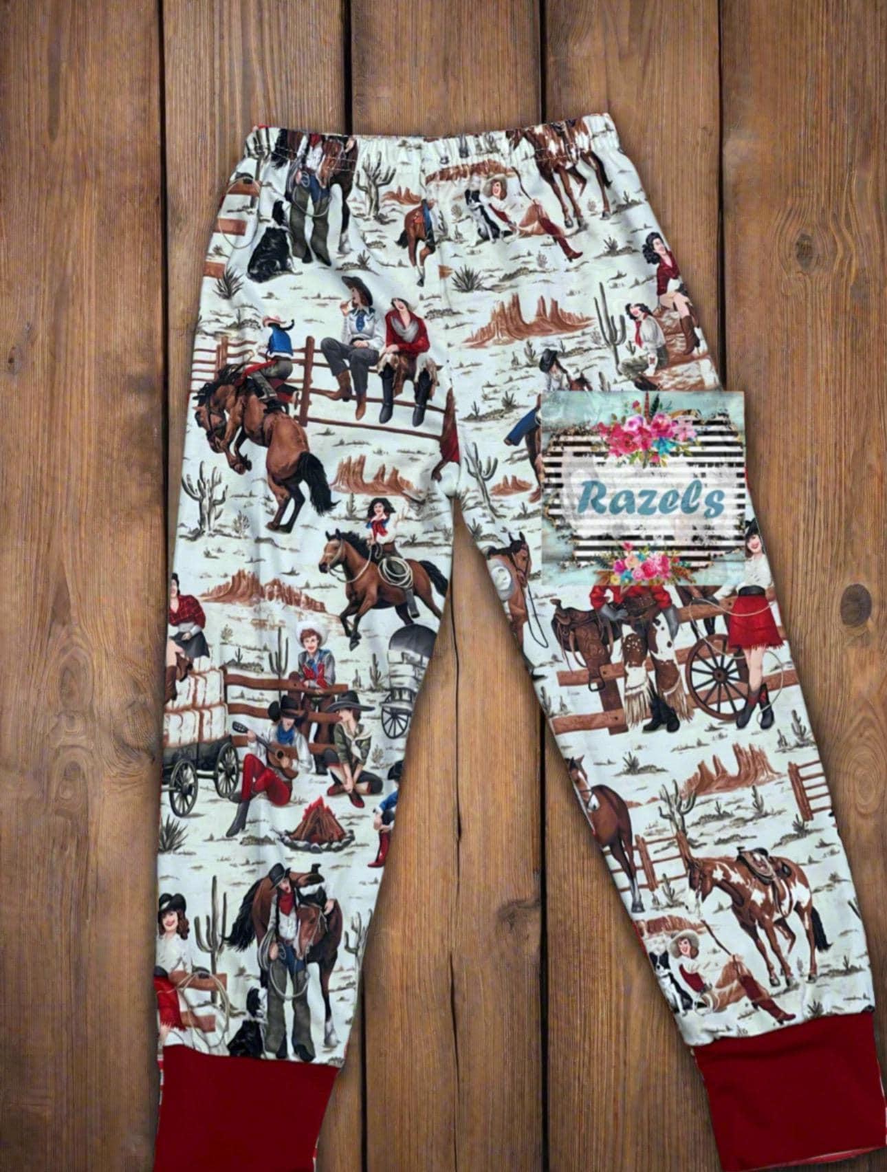 A cowgirl pajama set featuring a cheerful design of a cowgirl who can rope, ride broncs, and sing—complete with her trusty horse and dog by her side! Cute and soft and also available in matching mom size!