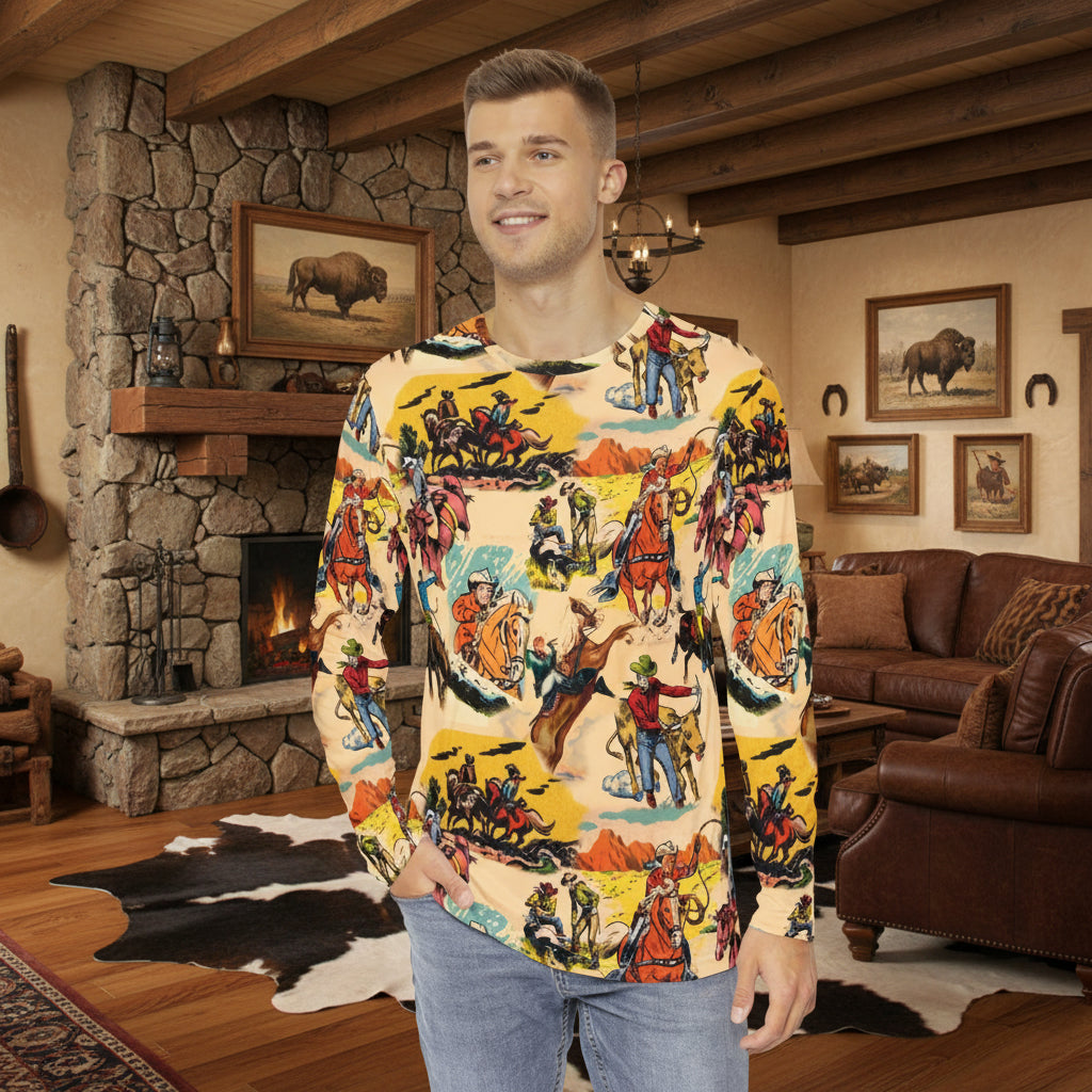 Mens Vintage Cowboy Long Sleeve Shirt, Western AllOver Print Top, Old West Rodeo Style, Vintage Cowboy Graphic Long Sleeve Shirt, -Razels