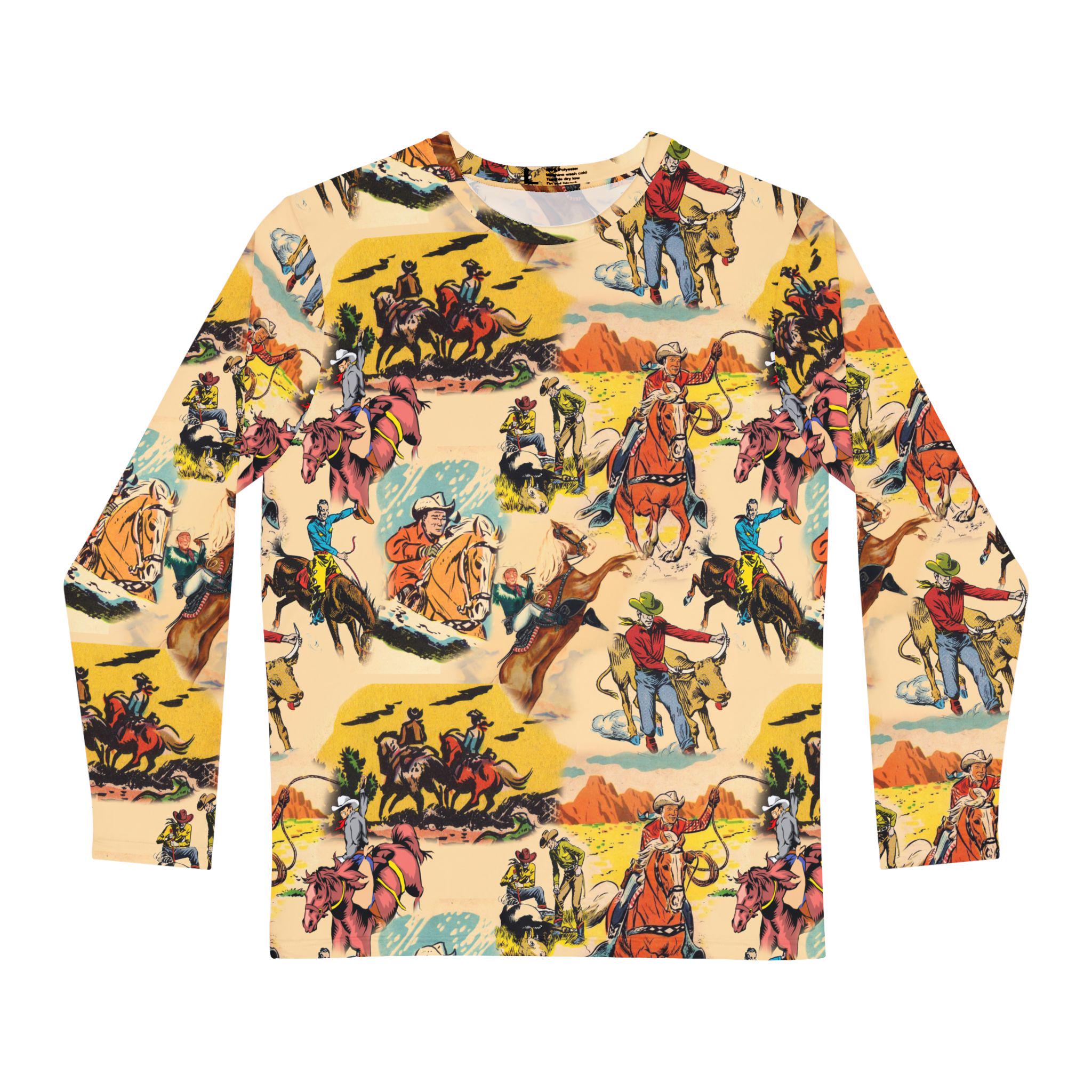 Mens Vintage Cowboy Long Sleeve Shirt, Western AllOver Print Top, Old West Rodeo Style, Vintage Cowboy Graphic Long Sleeve Shirt, -Razels