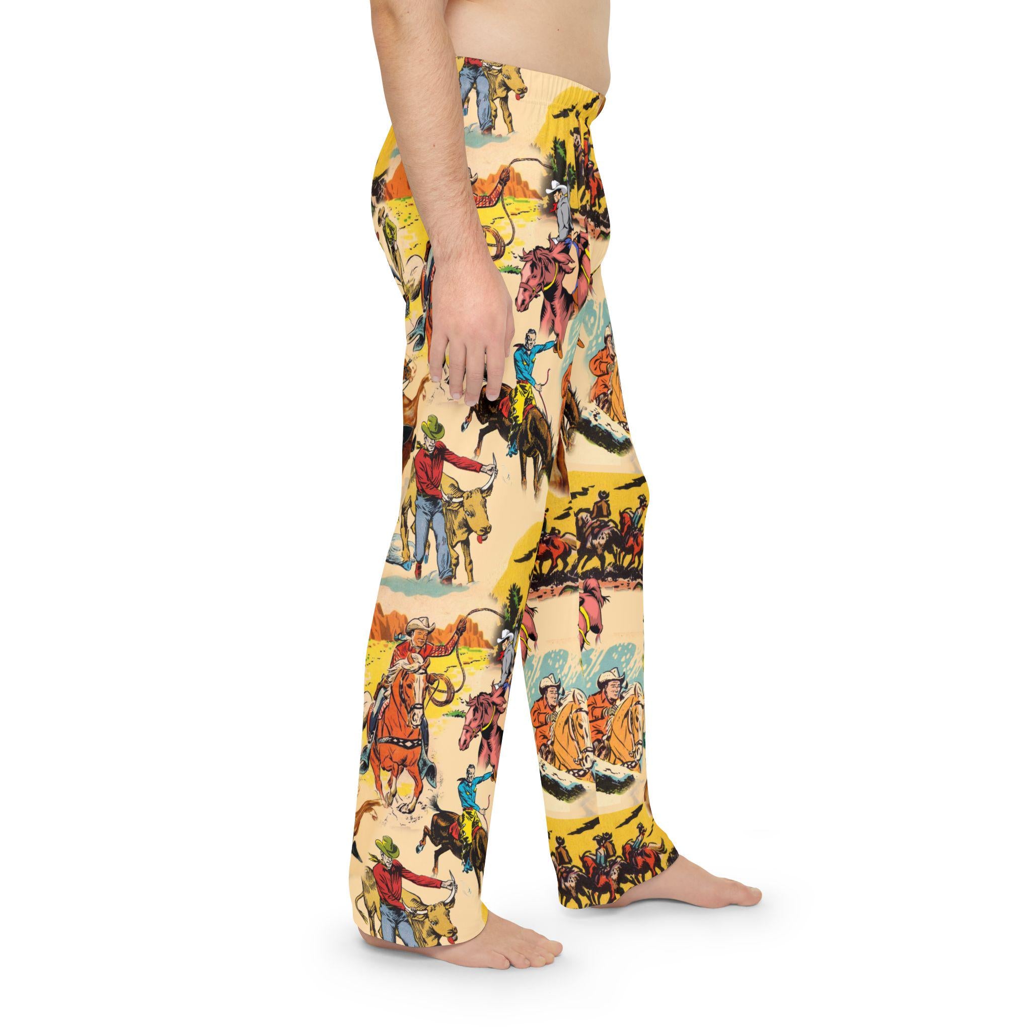 Mens Vintage Cowboy Pajama Pants, Western Rodeo Lounge Pants, Soft Old West Sleepwear -Razels