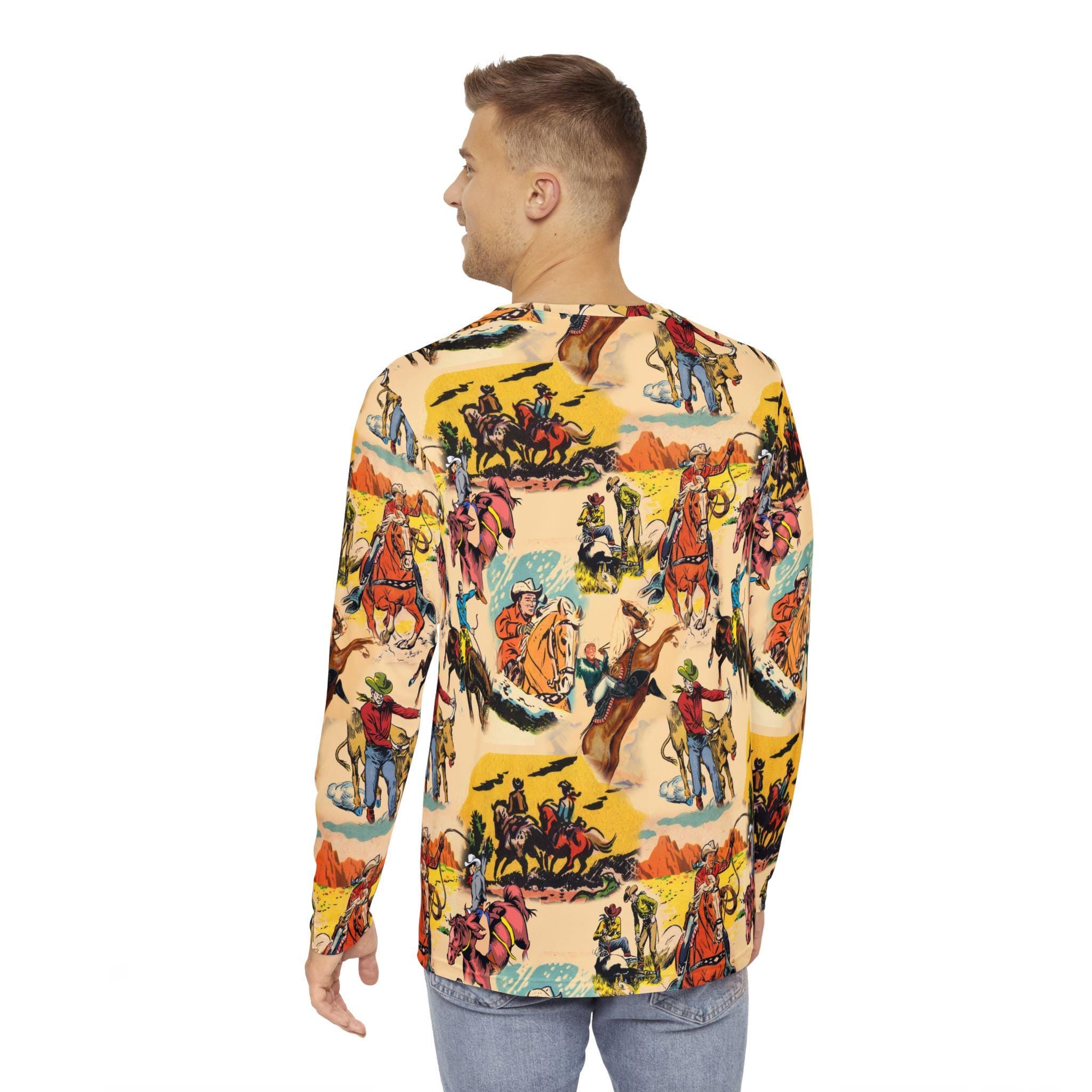 Mens Vintage Cowboy Long Sleeve Shirt, Western AllOver Print Top, Old West Rodeo Style, Vintage Cowboy Graphic Long Sleeve Shirt, -Razels