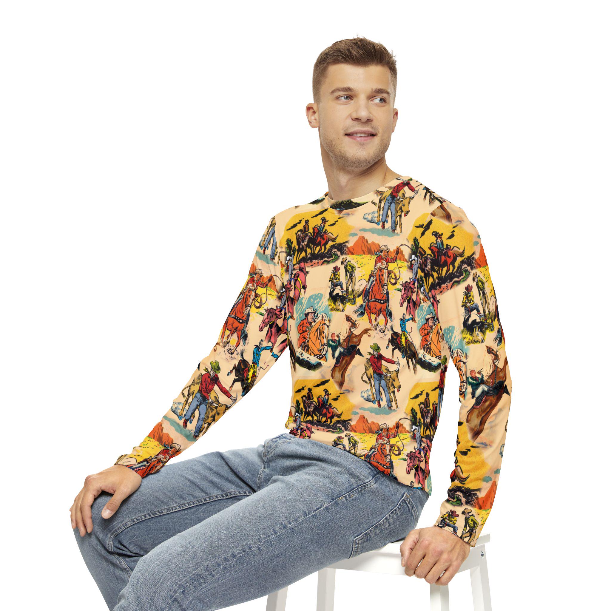 Mens Vintage Cowboy Long Sleeve Shirt, Western AllOver Print Top, Old West Rodeo Style, Vintage Cowboy Graphic Long Sleeve Shirt, -Razels