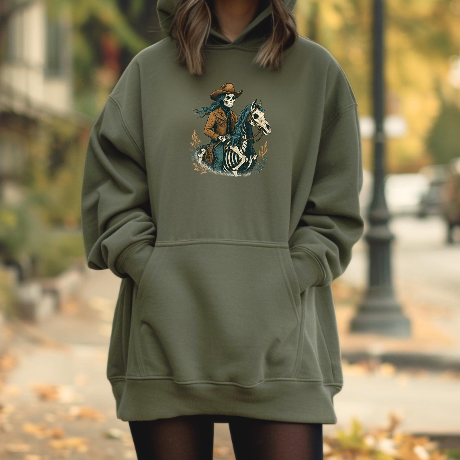 Cowgirl Skeleton Hoodie, Western Halloween Sweatshirt, Spooky Cowgirl Riding Horse -Razels