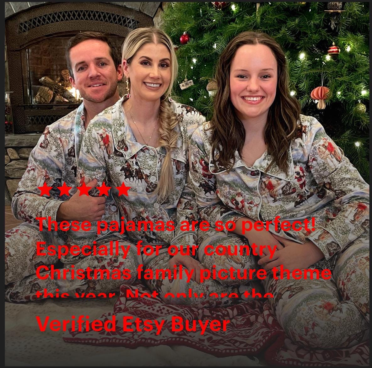 Cowboy Santa Christmas Pjs! These button-down Christmas pajamas feature a fun print of old Saint Nick himself with a few of his best horses! Cowboy Santa is leading one horse, riding a horse, delivering packages the Cowboy Way!