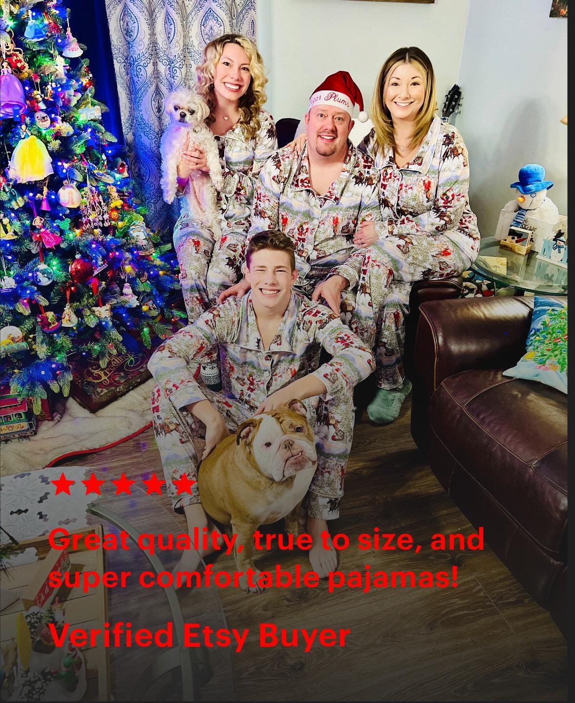 Cowboy Santa Christmas Pjs! These button-down Christmas pajamas feature a fun print of old Saint Nick himself with a few of his best horses! Cowboy Santa is leading one horse, riding a horse, delivering packages the Cowboy Way!