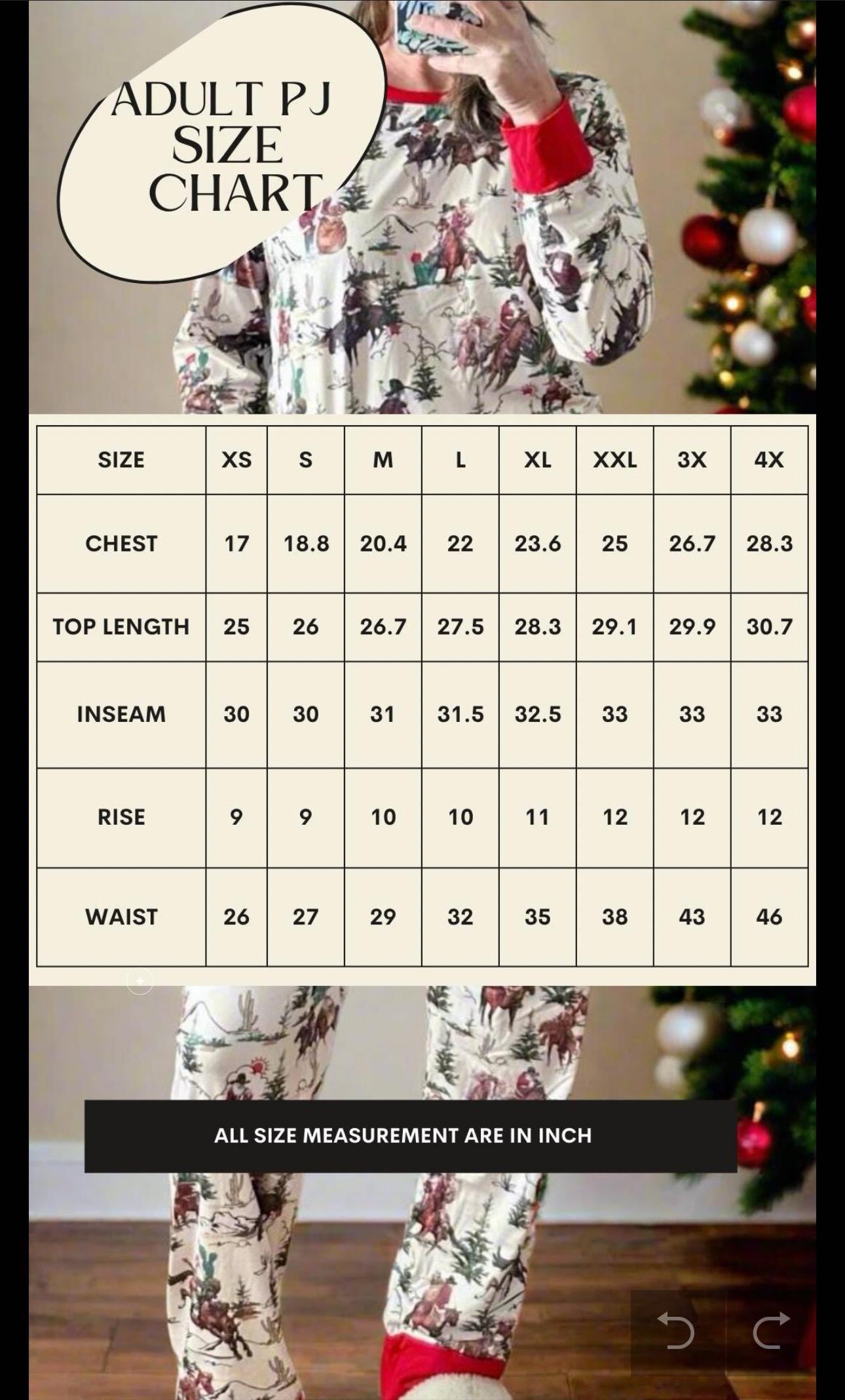 adult pajama size chart
