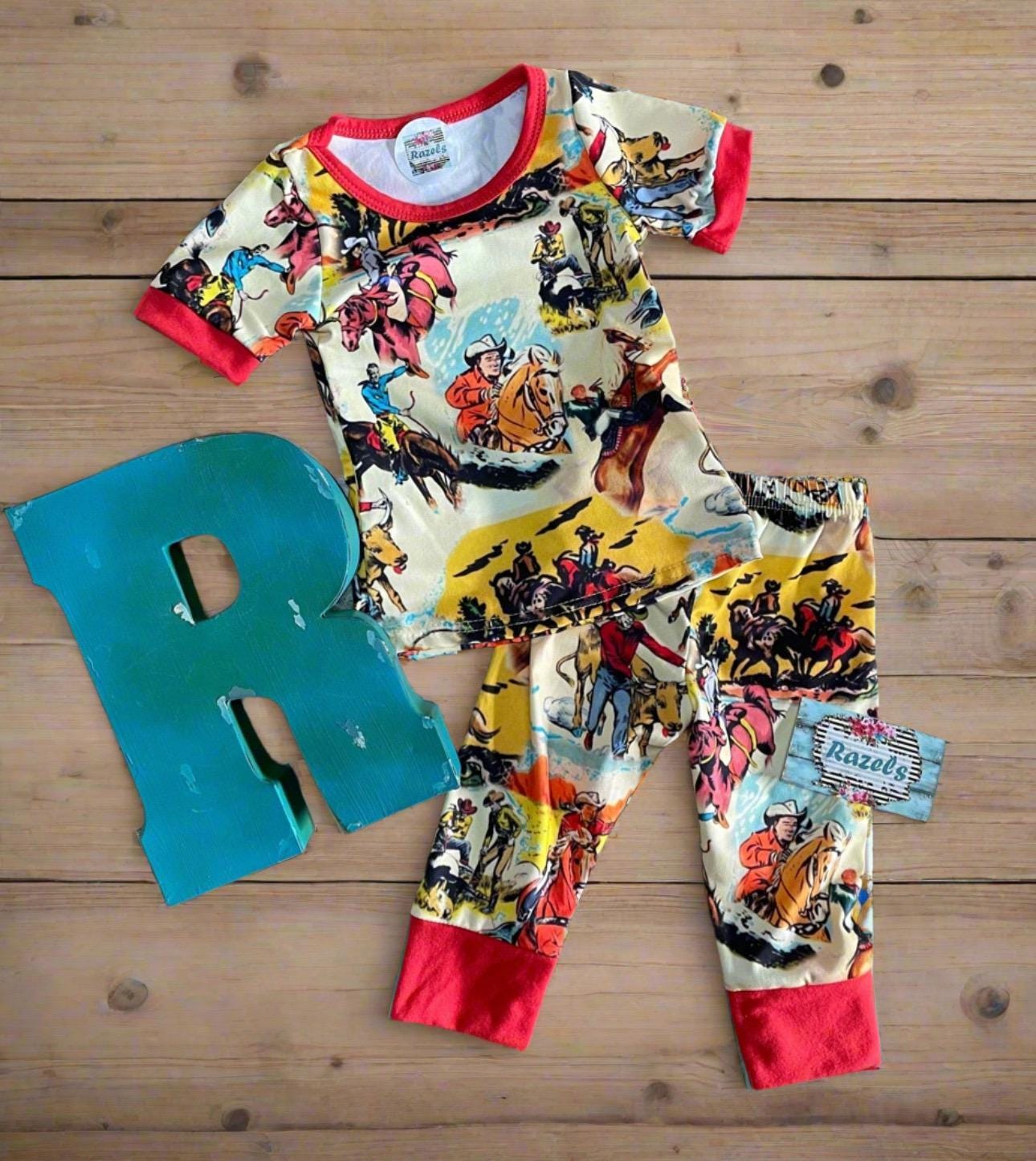 Retro Cowboy Print Pajamas: Cotton Blend Western PJs -Razels