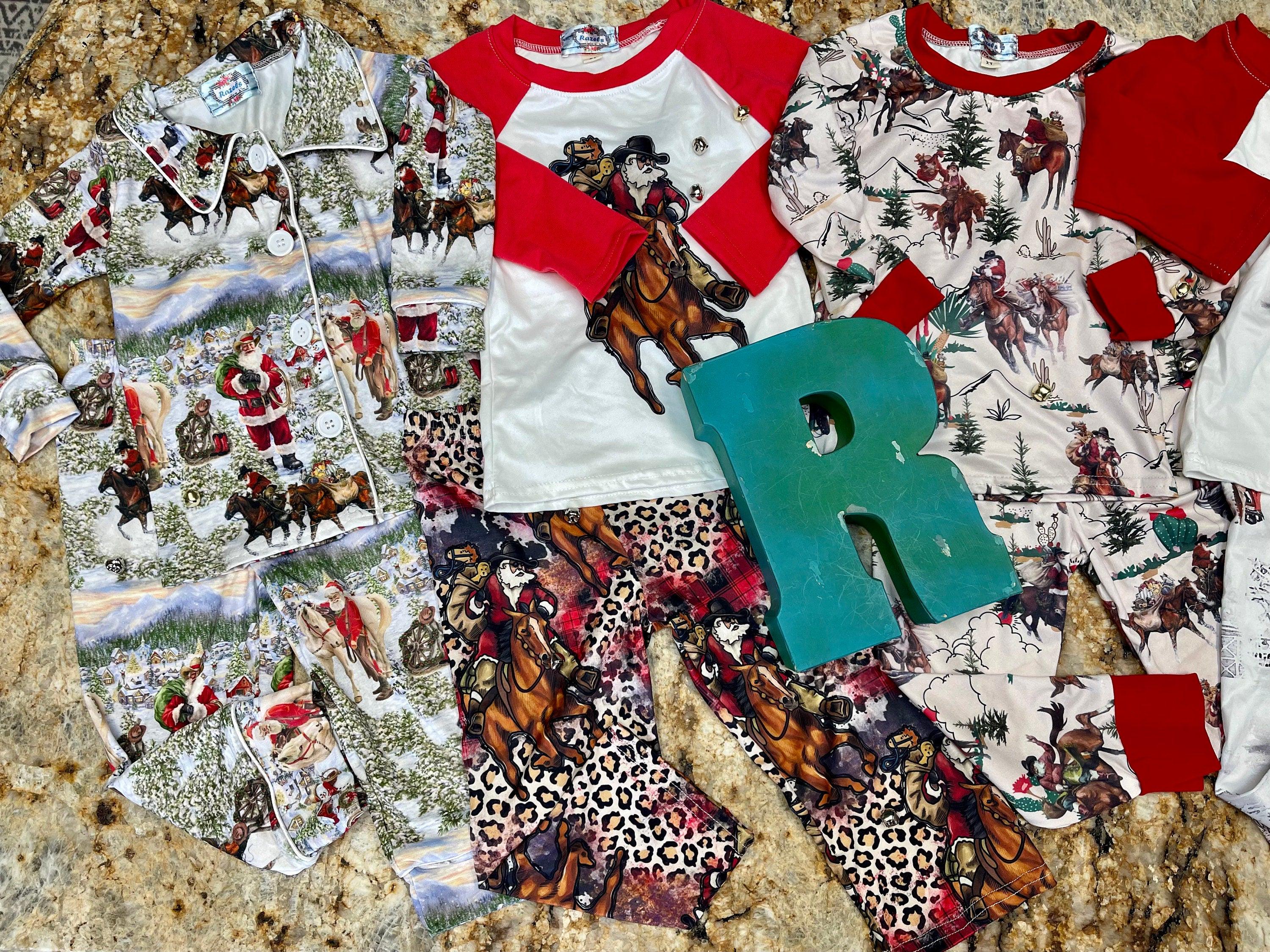 Razels Collection of Cowboy and Cowboy Santa Christmas pajamas available for the whole family! Comfortable and festive - start a new family tradition with our pajamas.