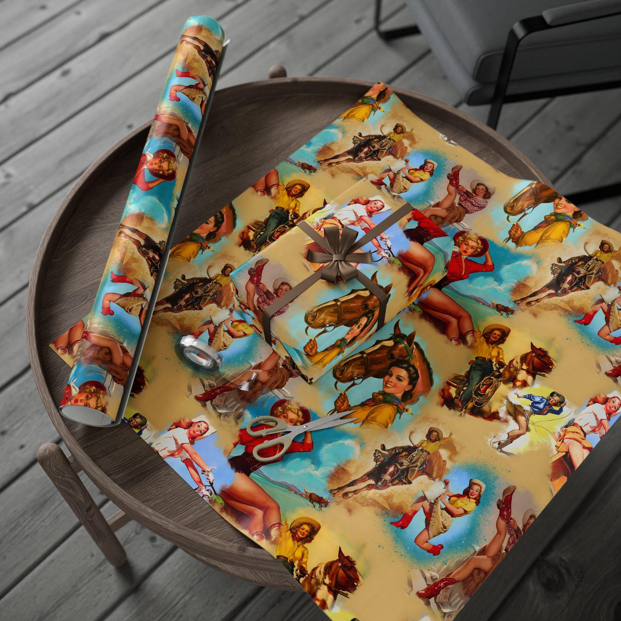 Vintage Cowgirl Wrapping Paper,  Retro Western Gift Wrap for Birthdays, Holidays & Boho Cowgirl Celebrations
