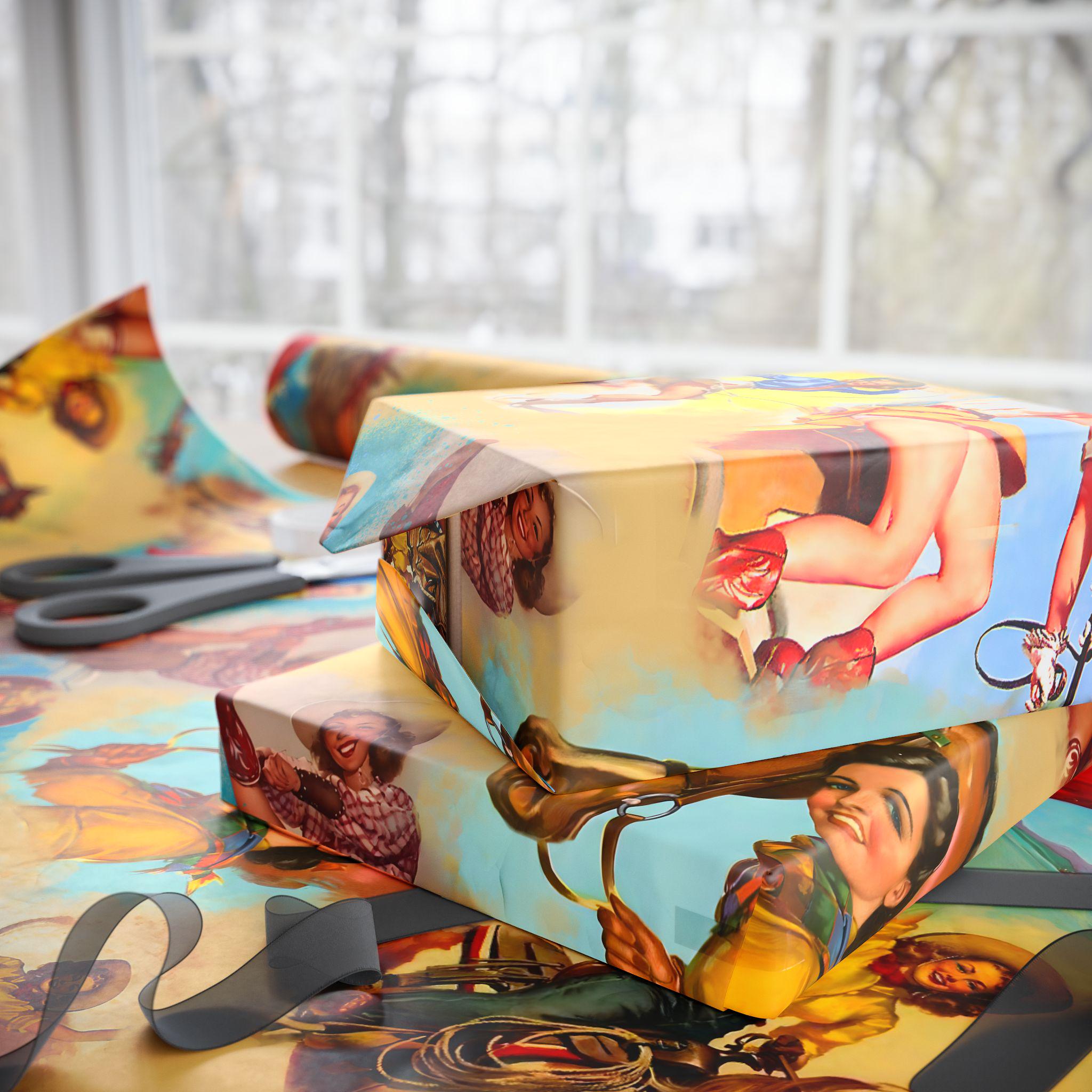 Vintage Cowgirl Wrapping Paper, Retro Western Gift Wrap for Birthdays, Holidays & Boho Cowgirl Celebrations