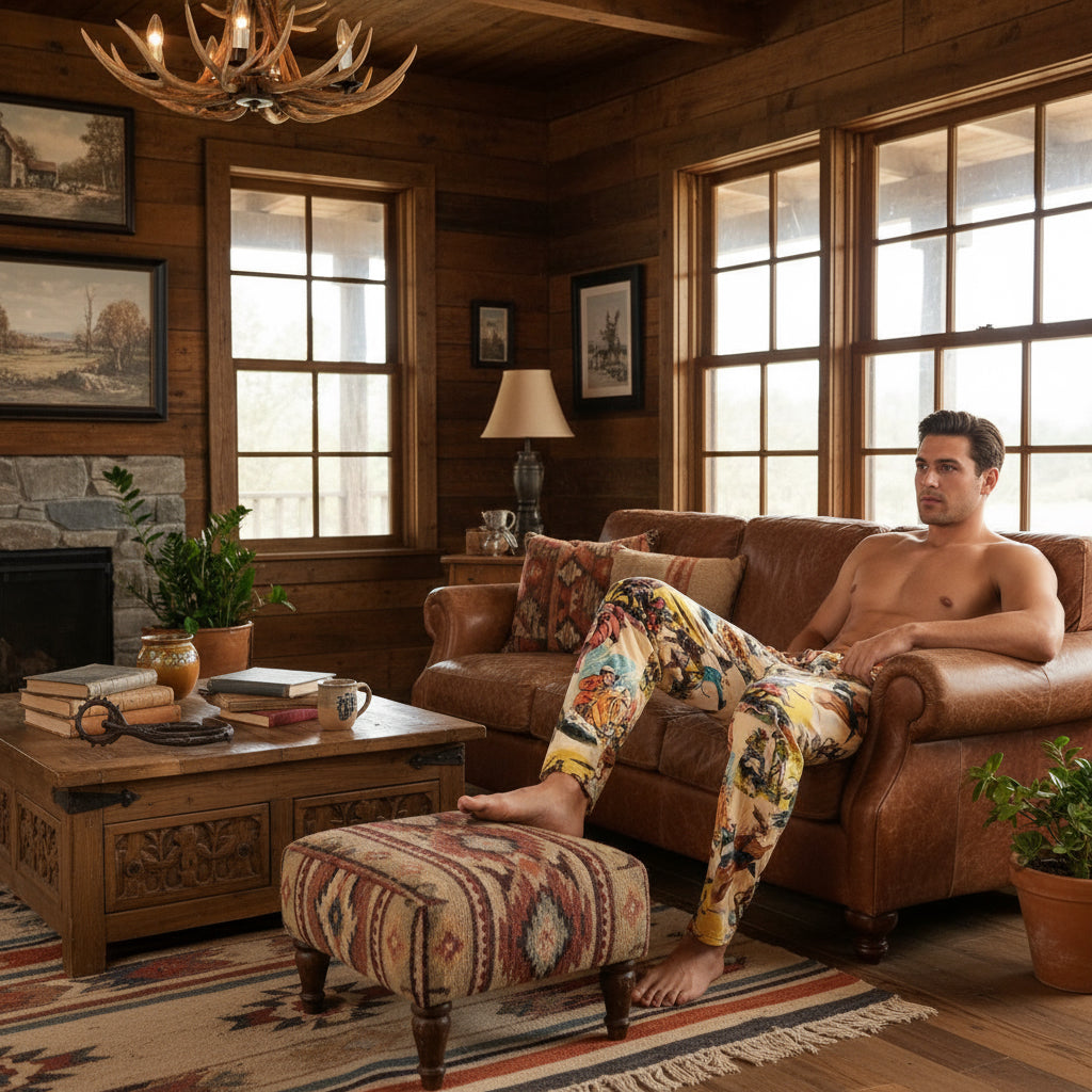 Mens Vintage Cowboy Pajama Pants, Western Rodeo Lounge Pants, Soft Old West Sleepwear -Razels