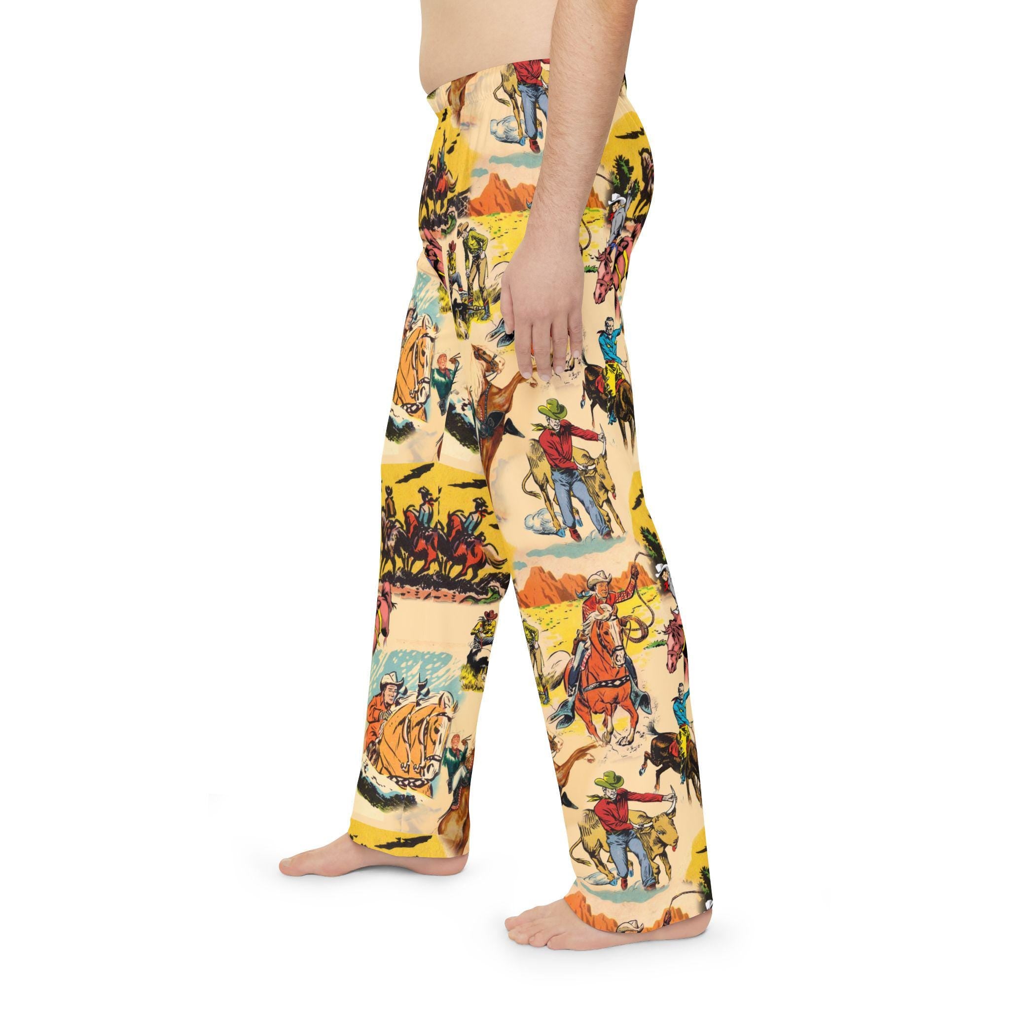 Mens Vintage Cowboy Pajama Pants, Western Rodeo Lounge Pants, Soft Old West Sleepwear -Razels