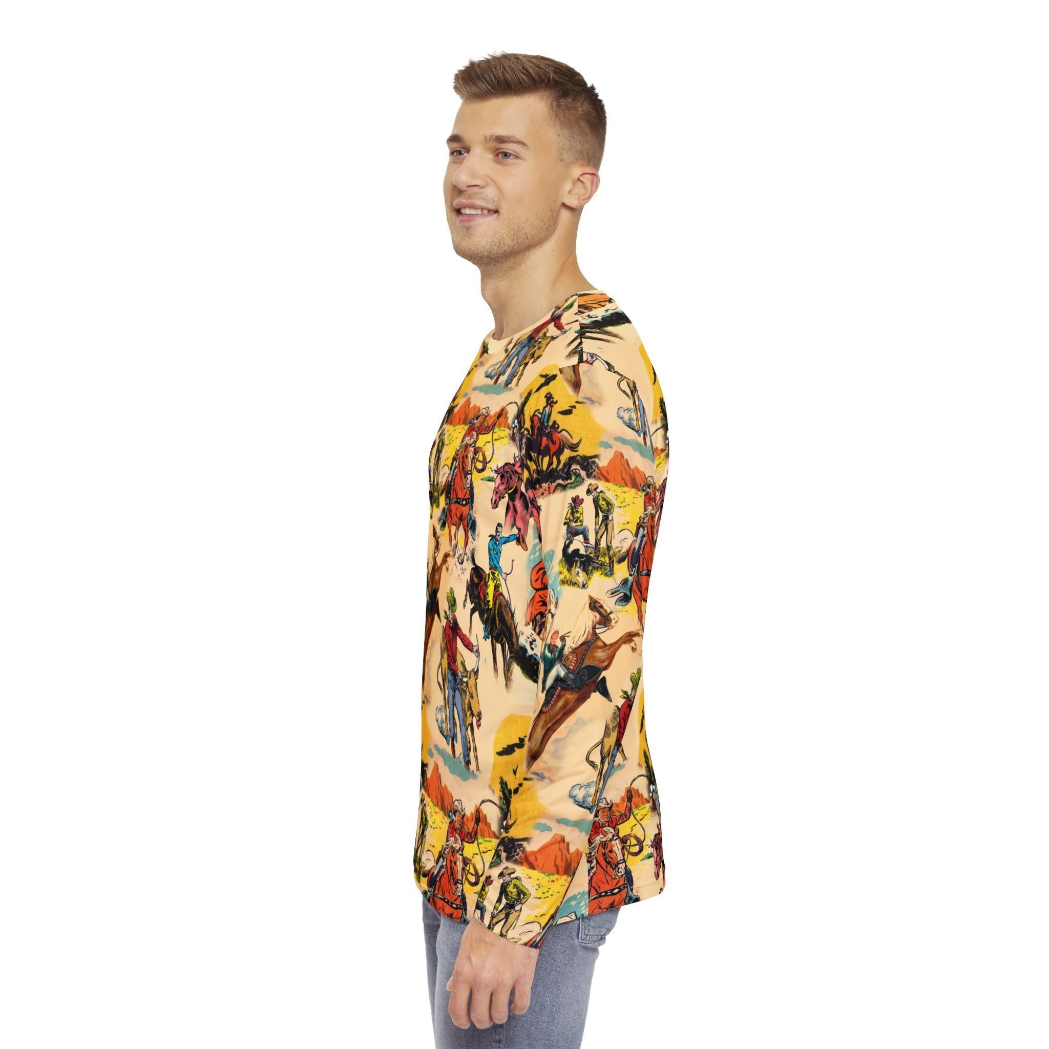 Mens Vintage Cowboy Long Sleeve Shirt, Western AllOver Print Top, Old West Rodeo Style, Vintage Cowboy Graphic Long Sleeve Shirt, -Razels