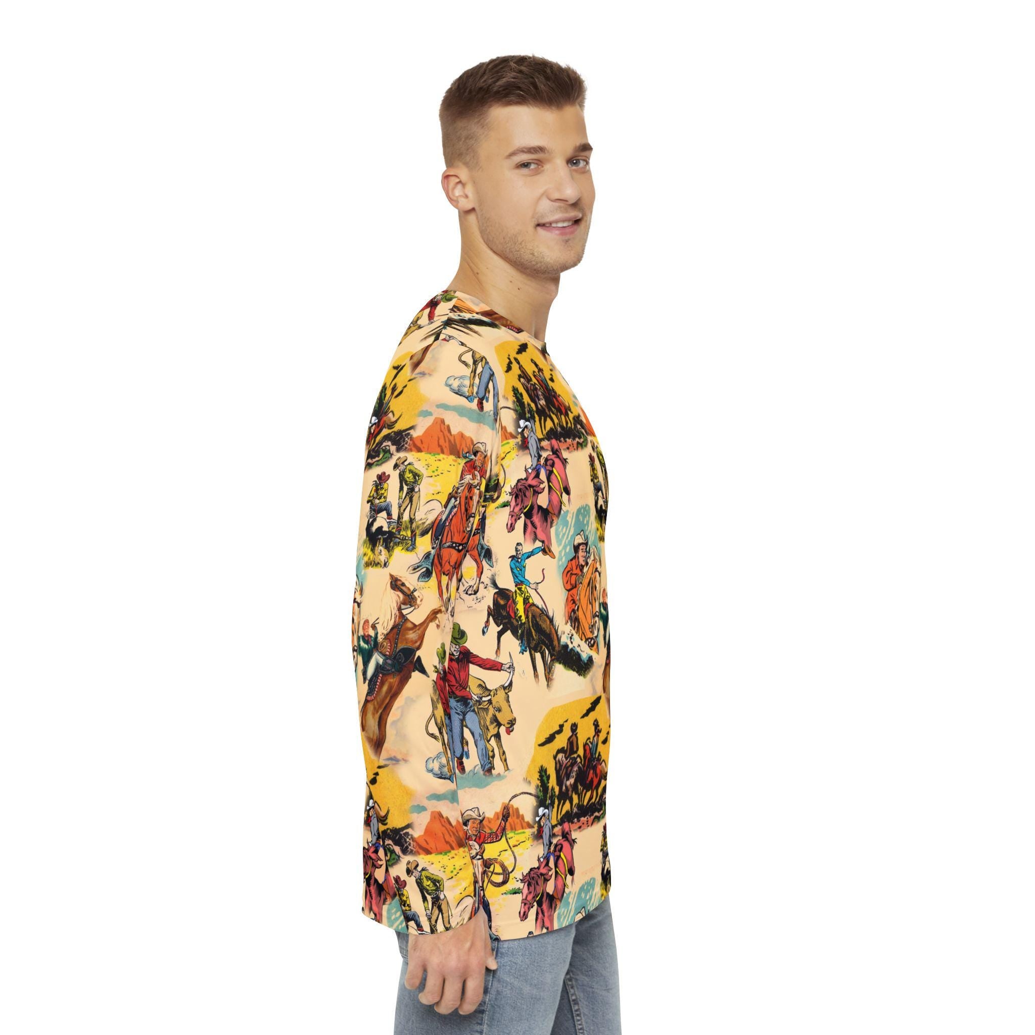 Mens Vintage Cowboy Long Sleeve Shirt, Western AllOver Print Top, Old West Rodeo Style, Vintage Cowboy Graphic Long Sleeve Shirt, -Razels