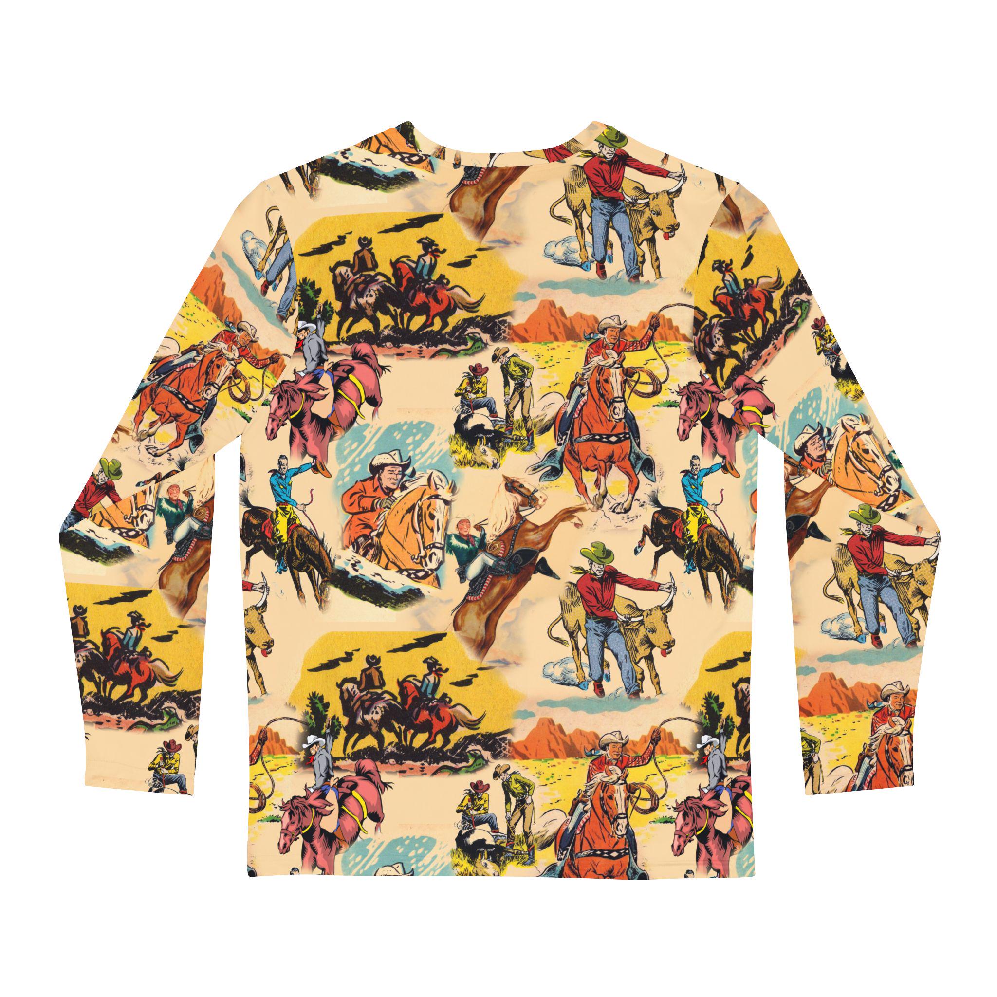Mens Vintage Cowboy Long Sleeve Shirt, Western AllOver Print Top, Old West Rodeo Style, Vintage Cowboy Graphic Long Sleeve Shirt, -Razels