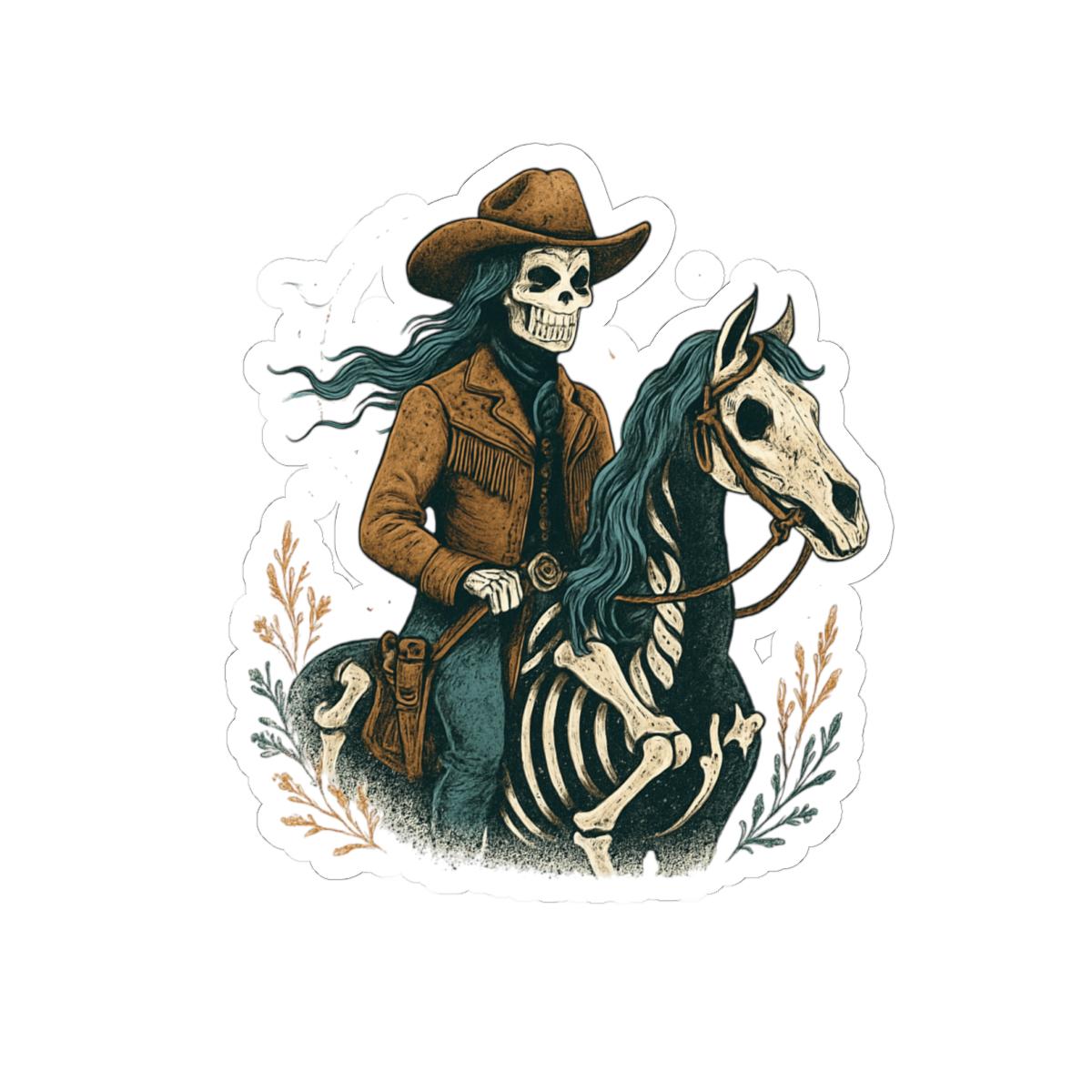 Cowgirl Skeleton Sticker, Western Halloween Vinyl Kiss Cut Decal, Spooky Cowgirl Riding Horse -Razels