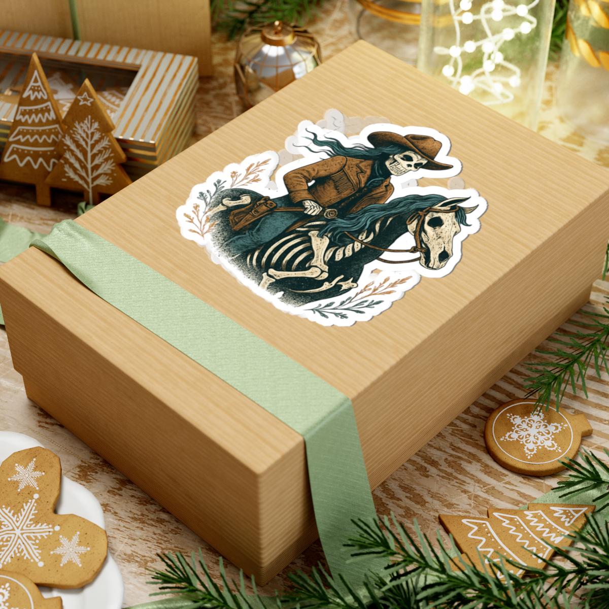 Cowgirl Skeleton Sticker, Western Halloween Vinyl Kiss Cut Decal, Spooky Cowgirl Riding Horse -Razels