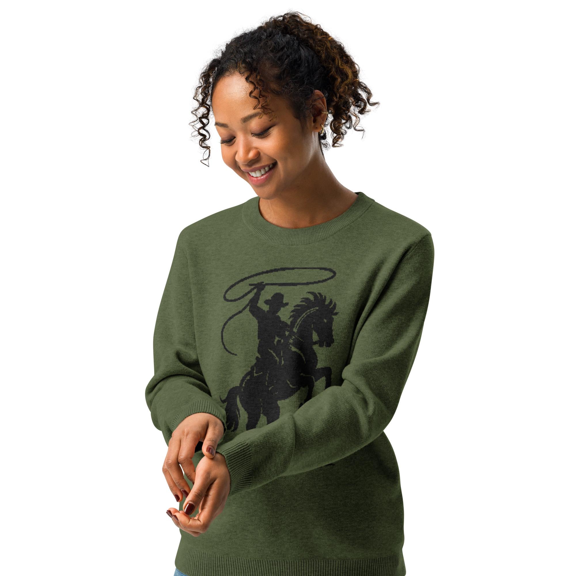 Cowboy Sweater – Olive Green Knit Pullover | Western Rope Rider Crewneck | Razels Exclusive -Razels