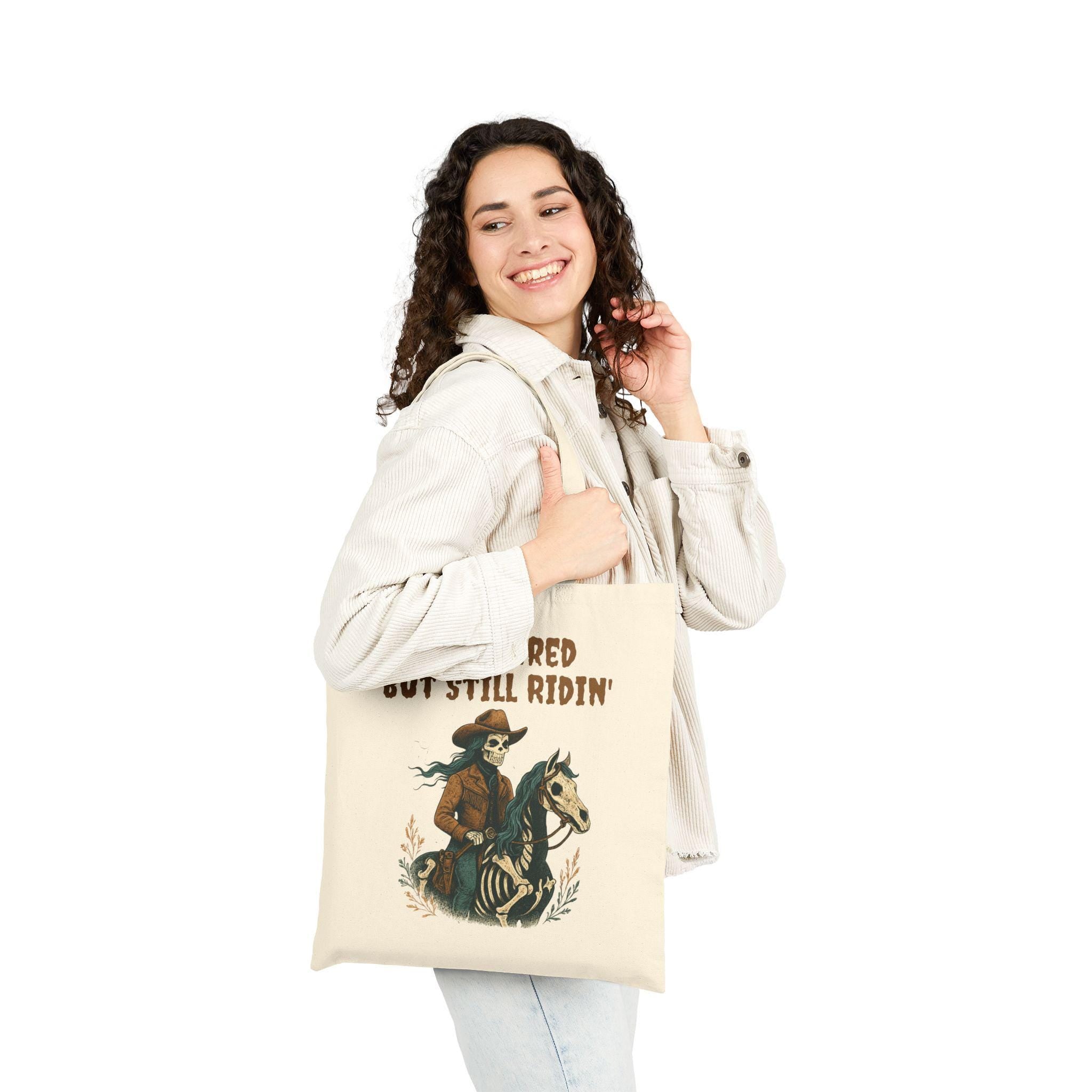 Skeleton Cowgirl Tote Bag, Dead Tired But Still Ridin -Razels