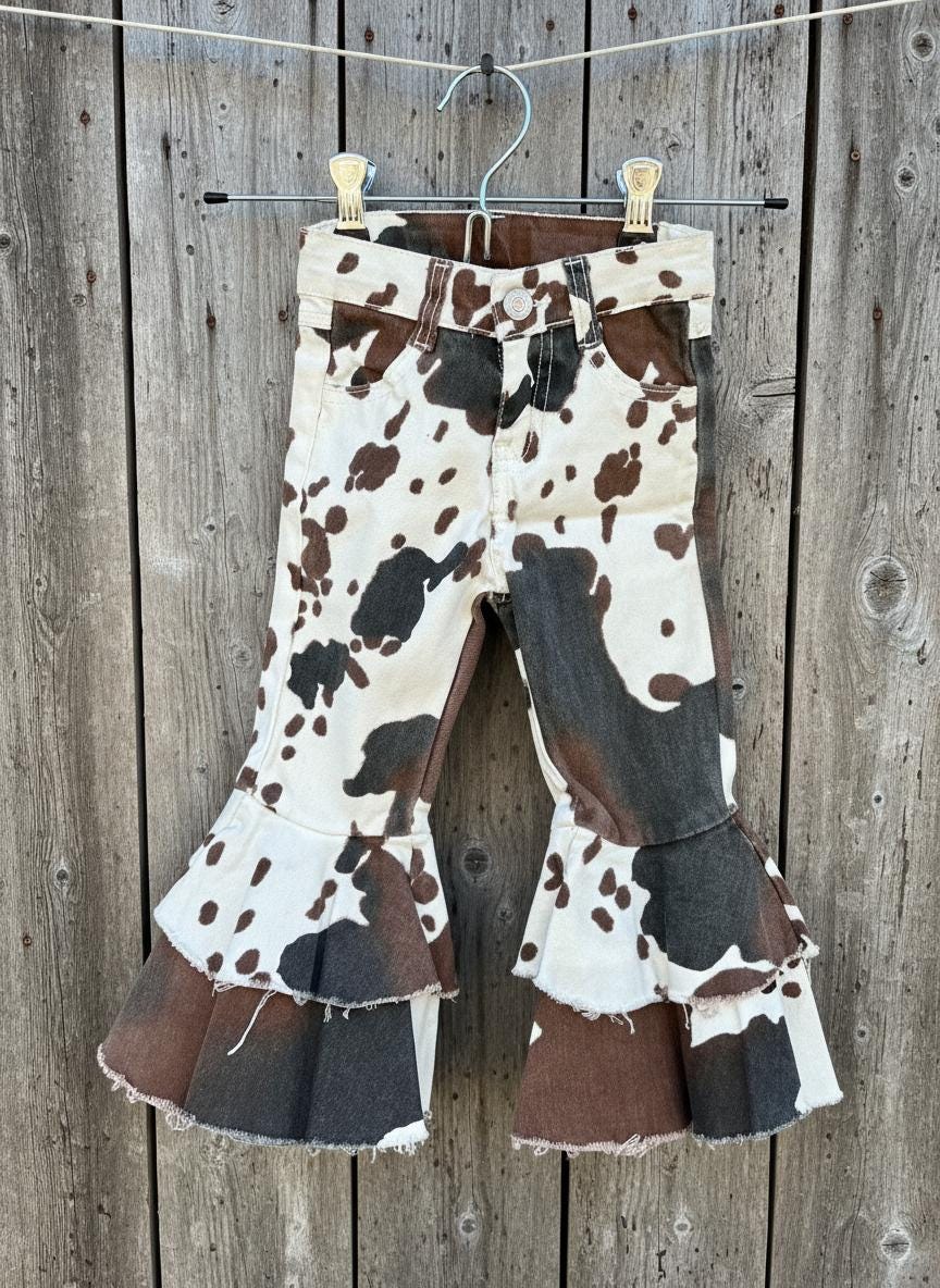 Girls Cowprint Cowgirl Jeans – Girls Western Bell Bottoms | Kids Fall Outfit | Christmas Gift Idea -Razels