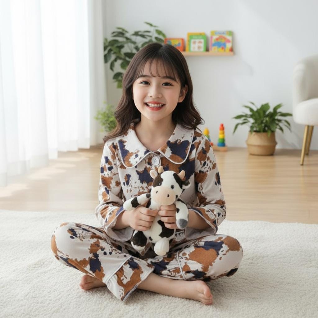 🐮 Cowprint Kids Pajamas – Western Ruffle Lounge Set | Fall & Christmas Gift Idea
Oh my stars — these Cowprint Pajamas are the cutest thing sin9ce cowboy boots on a baby! 🤎 Cozy, stretchy, and full of Western flair, this two-piece set is perfect for bedtime cuddles, fall photos, or Christmas morning with the family.
✓ Soft + stretchy for easy movement
✓ Button-front top with ruffle trim
✓ Matching ruffle-hem pants
✓ Cute brown + black cowprint on creamy background