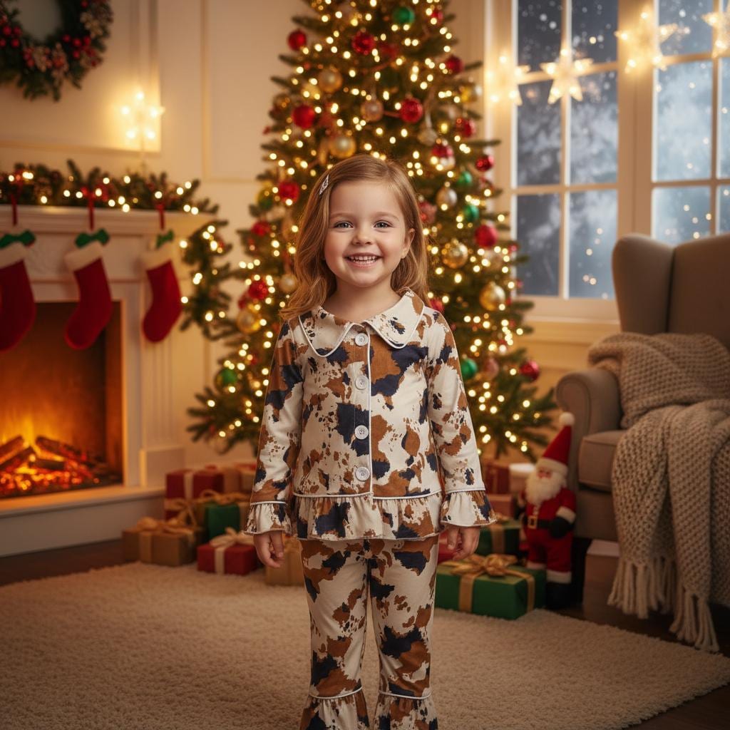 🐮 Cowprint Kids Pajamas – Western Ruffle Lounge Set | Fall & Christmas Gift Idea
Oh my stars — these Cowprint Pajamas are the cutest thing sin9ce cowboy boots on a baby! 🤎 Cozy, stretchy, and full of Western flair, this two-piece set is perfect for bedtime cuddles, fall photos, or Christmas morning with the family.
✓ Soft + stretchy for easy movement
✓ Button-front top with ruffle trim
✓ Matching ruffle-hem pants
✓ Cute brown + black cowprint on creamy background