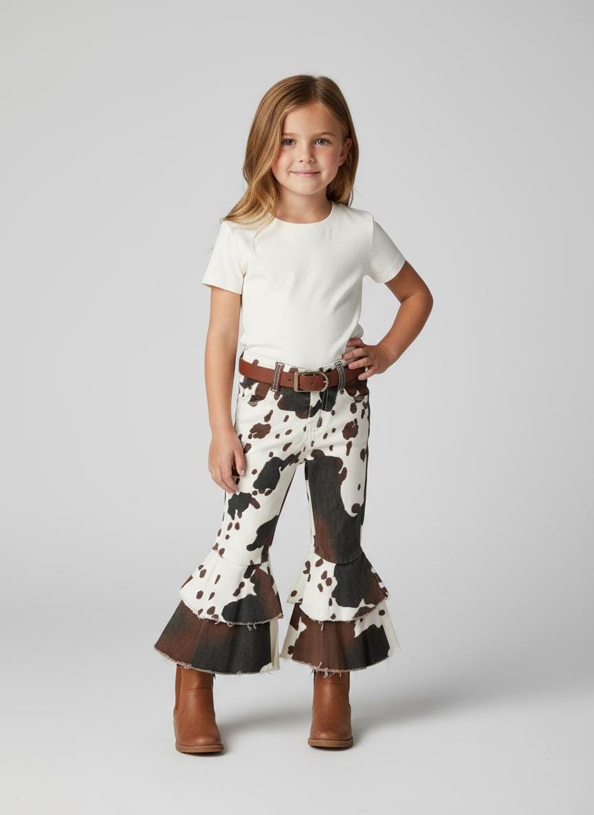 Girls Cowprint Cowgirl Jeans – Girls Western Bell Bottoms | Kids Fall Outfit | Christmas Gift Idea -Razels
