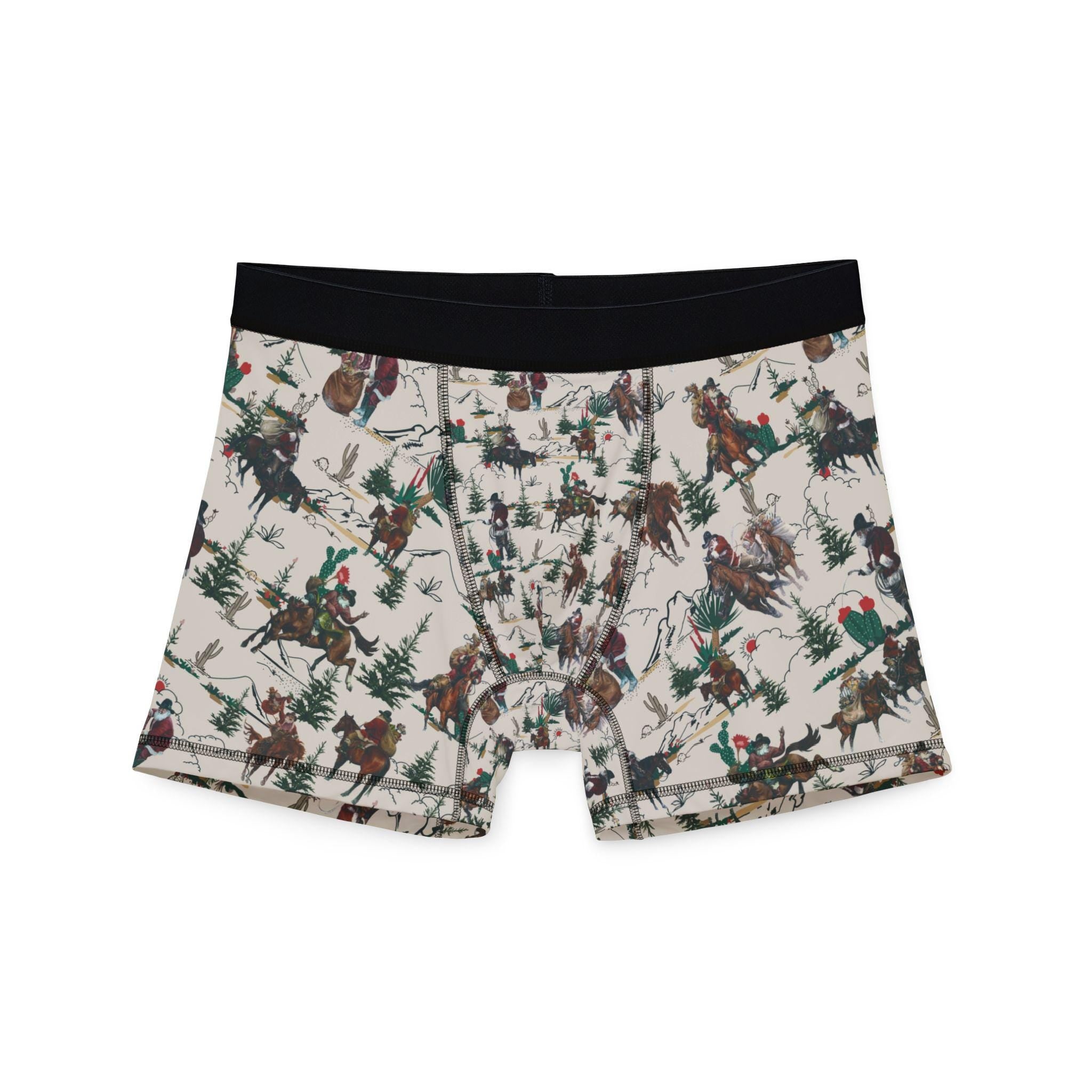 Saddle up for some serious holiday cheer! These Men’s Cowboy Santa Boxers are bringing the Christmas spirit with a bold Western twist. Featuring Cowboy Santa riding horseback (with a wild bronc or two in the mix), these festive undies are perfect for Christmas morning laughs, cozy nights in, or just spicing up your everyday basics. 
✓ 92% polyester for durability and fast drying
✓ Soft elastic waistband for all-day comfort
✓ Bright, vibrant allover Cowboy Santa print
FREE SHIPPING $35+