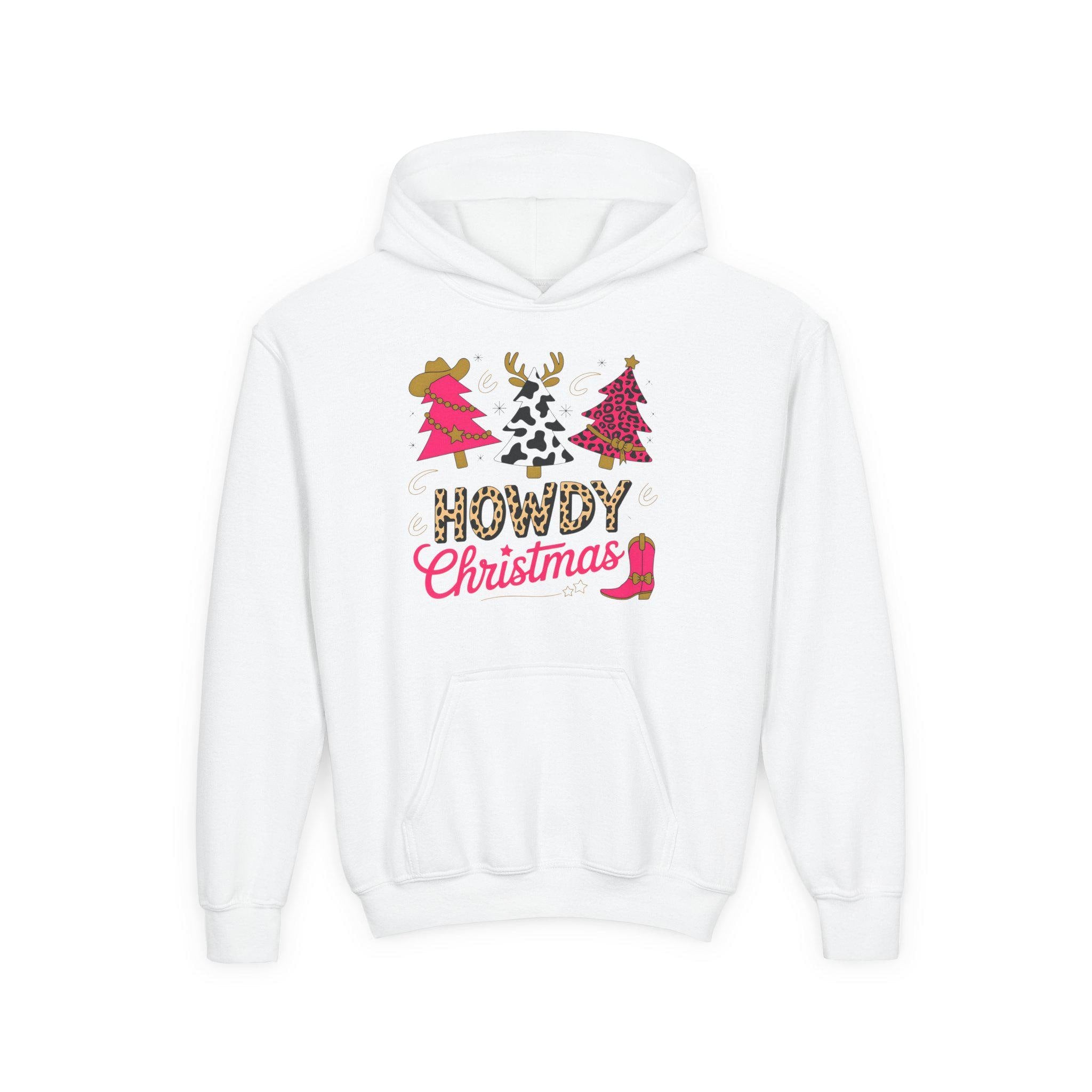Kids Howdy Christmas Hoodie, Western Holiday Sweatshirt | Cowgirl Cowboy Matching Family Hoodie | Pink Cowprint Leopard Trees