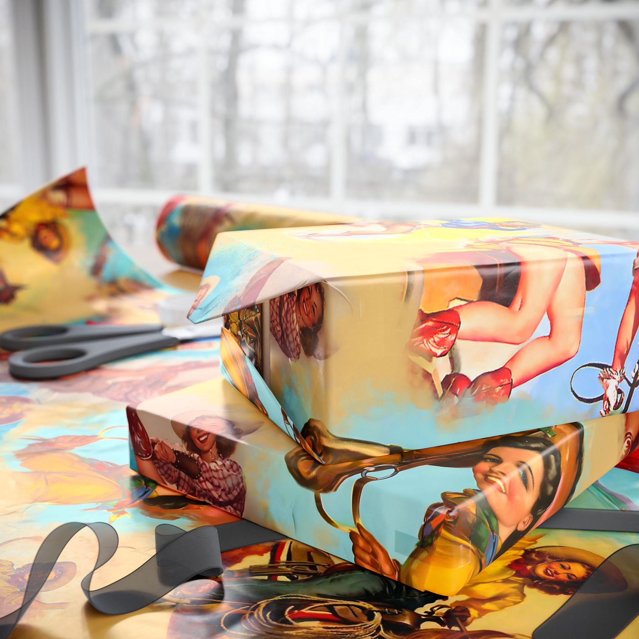 Vintage Cowgirl Wrapping Paper, Retro Western Gift Wrap for Birthdays, Holidays & Boho Cowgirl Celebrations