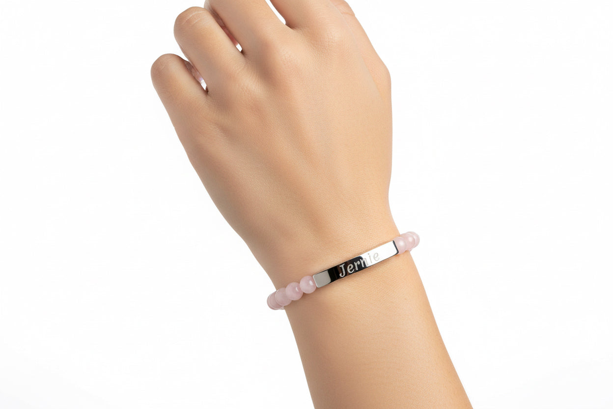 Personalized Engraved Bar Bracelet Natural Stone Stretch Bracelet | Custom Name Jewelry