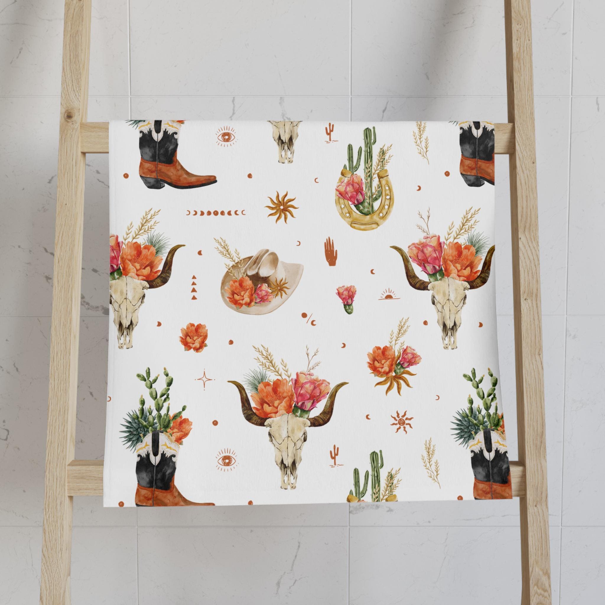 Western Skull & Blooms Hand Towel, Boho Cowgirl Ranch Decor