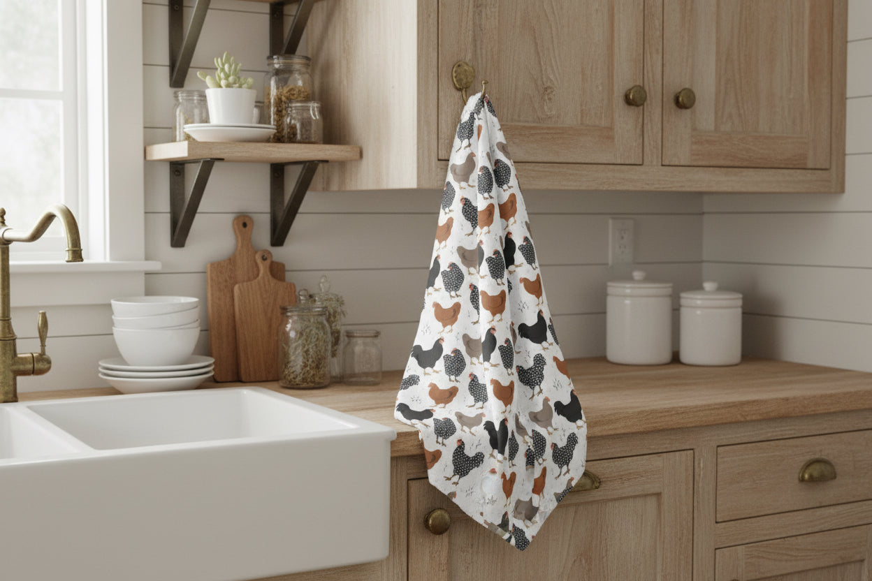 Farmhouse Chicken Hand Towel, Country Kitchen Hen Decor