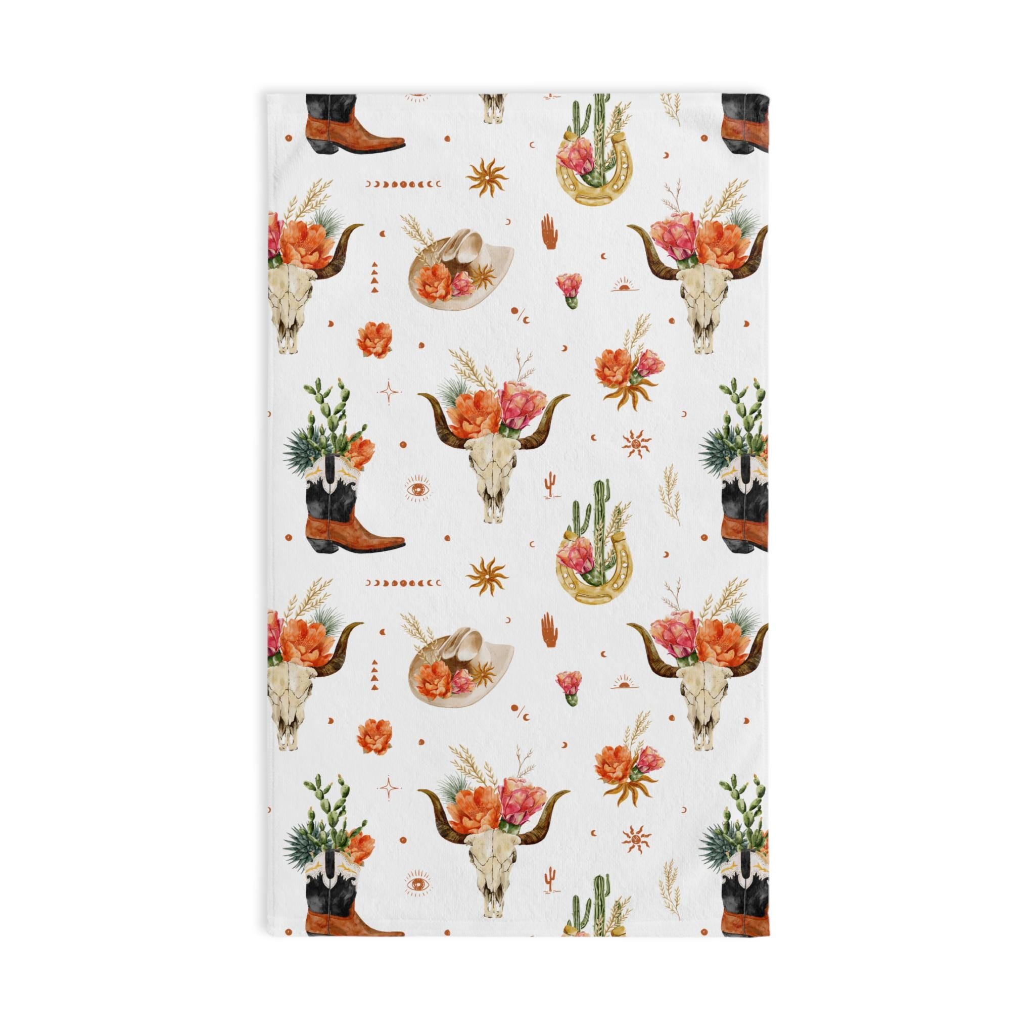 Western Skull & Blooms Hand Towel, Boho Cowgirl Ranch Decor
