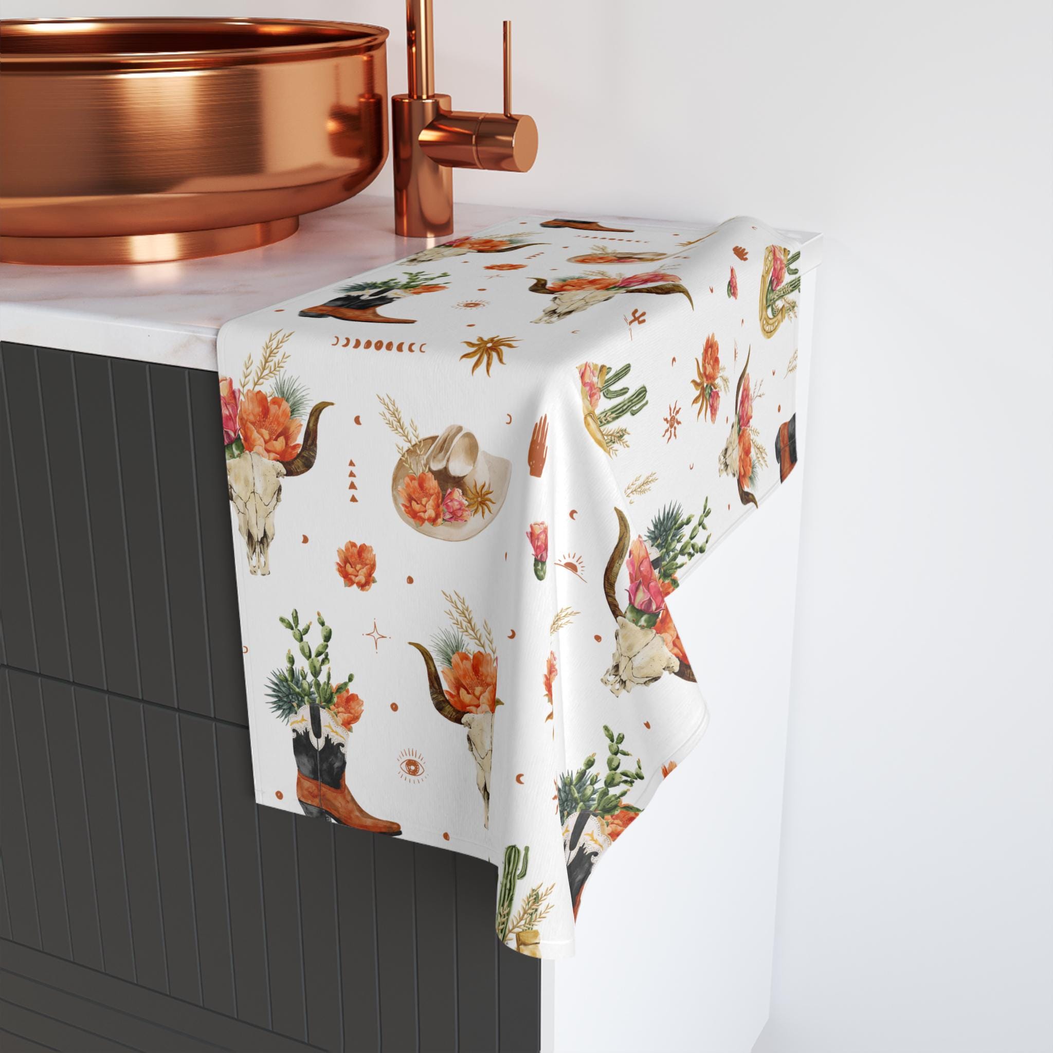 Western Skull & Blooms Hand Towel, Boho Cowgirl Ranch Decor