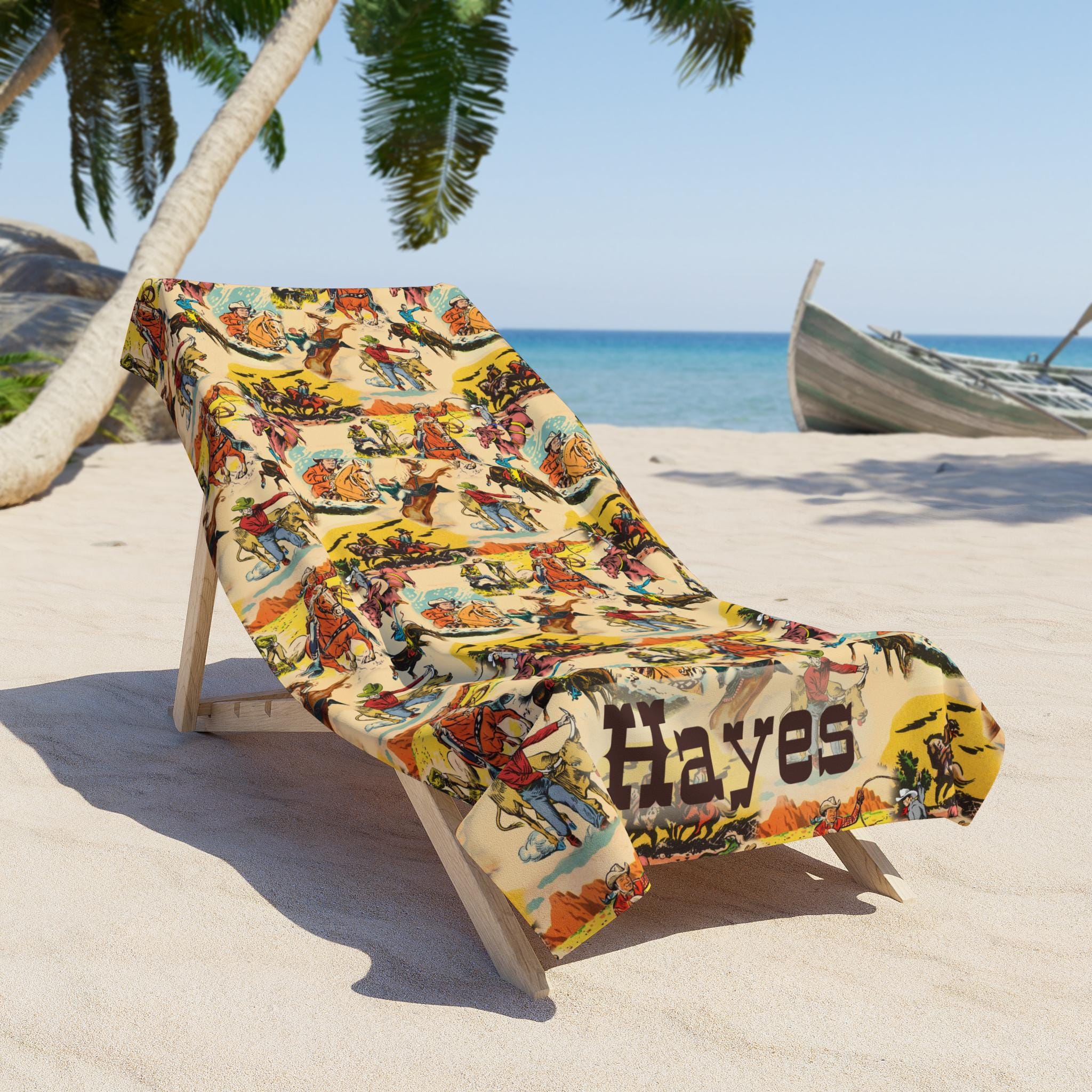 Personalized Vintage Cowboy Print Beach Towel