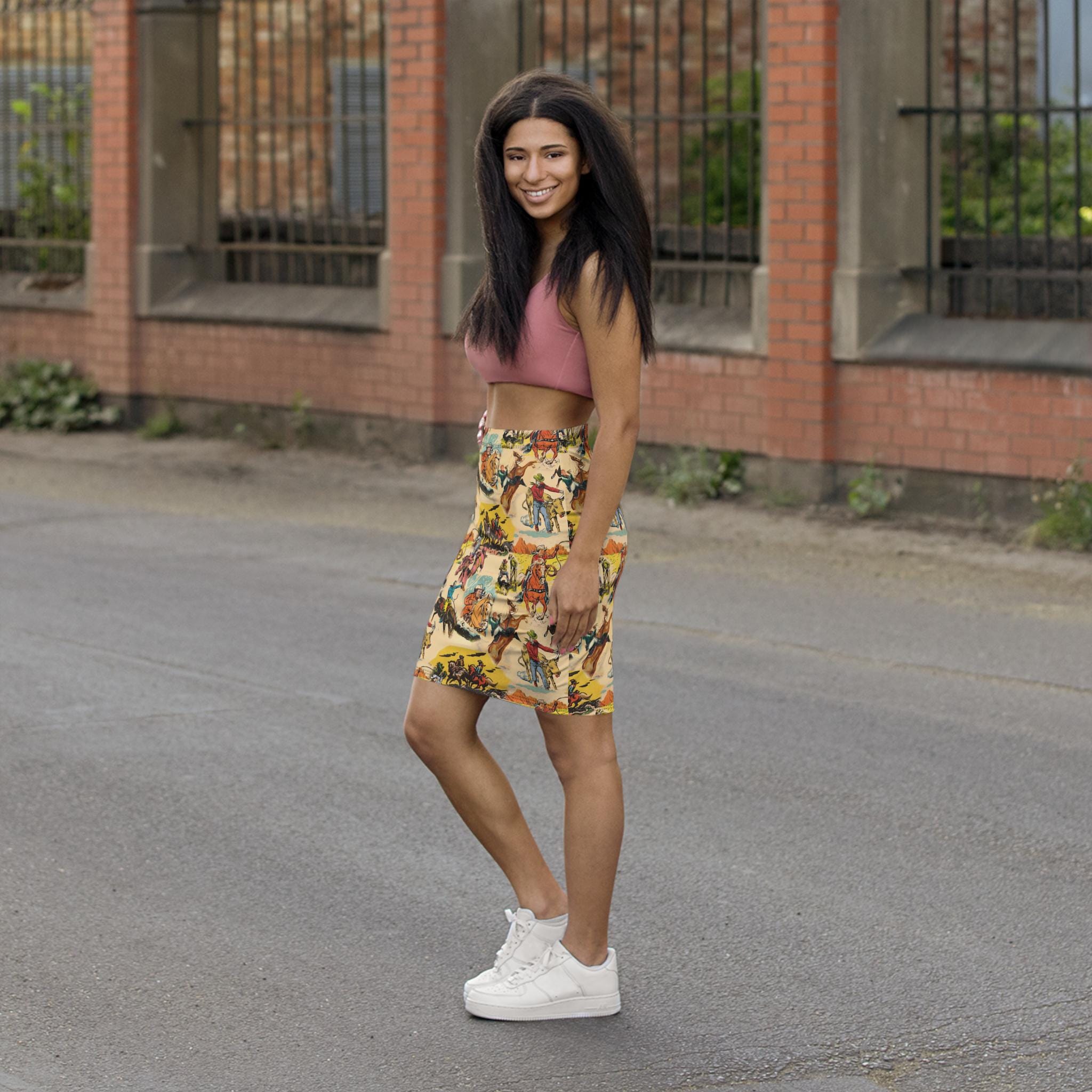 Retro Cowboy Pencil Skirt, Vintage Western Print