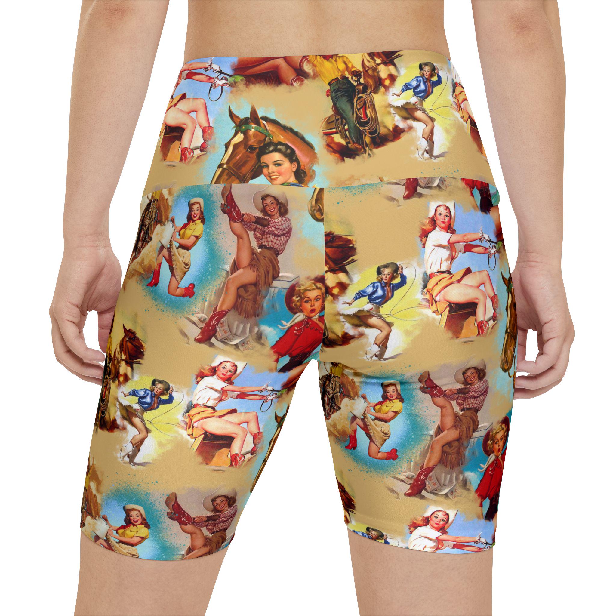 Retro Cowgirl Print Womens Biker Shorts | Western Workout Shorts