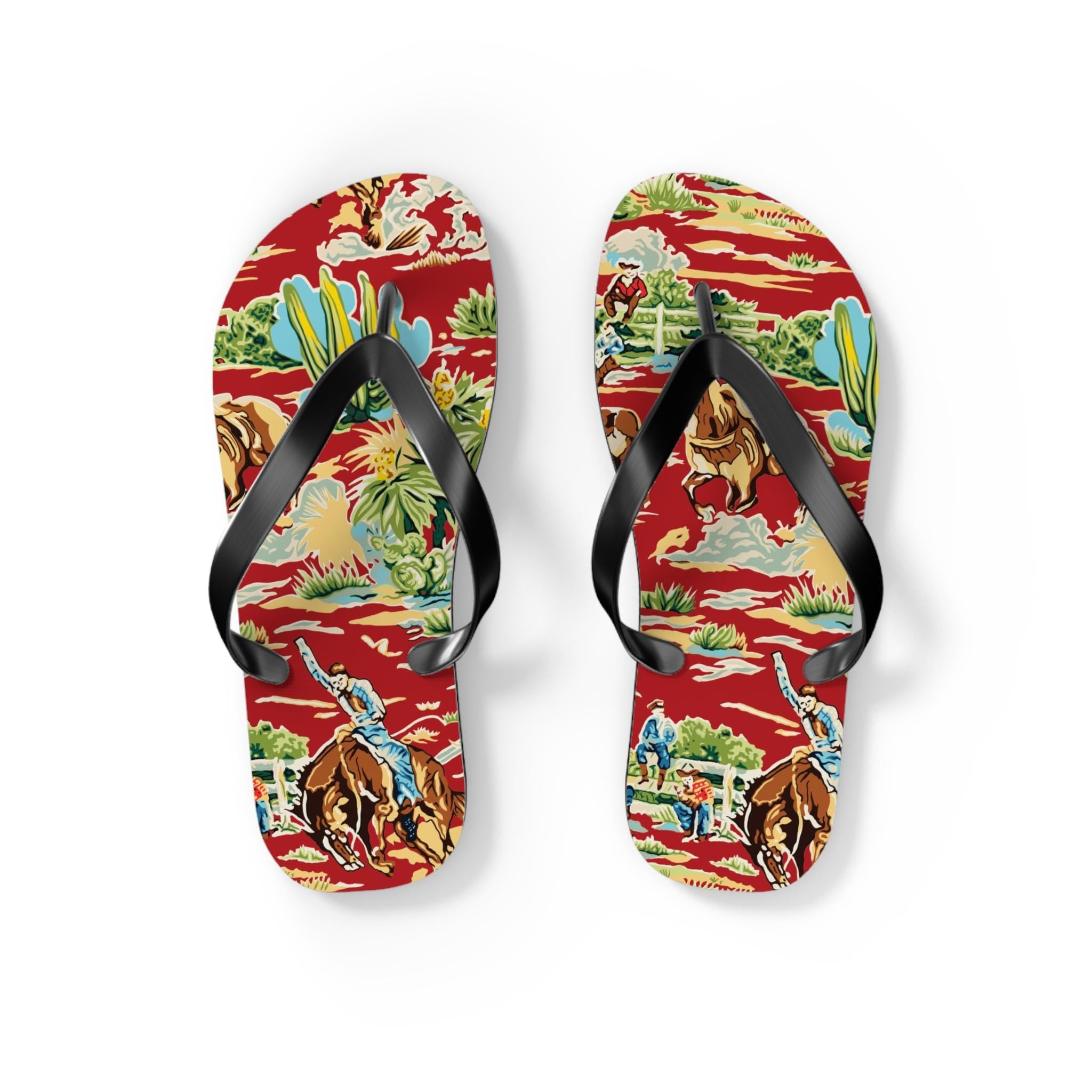 Western Cowboy Flip Flops | Vintage Cowboy & Cactus Print Sandals