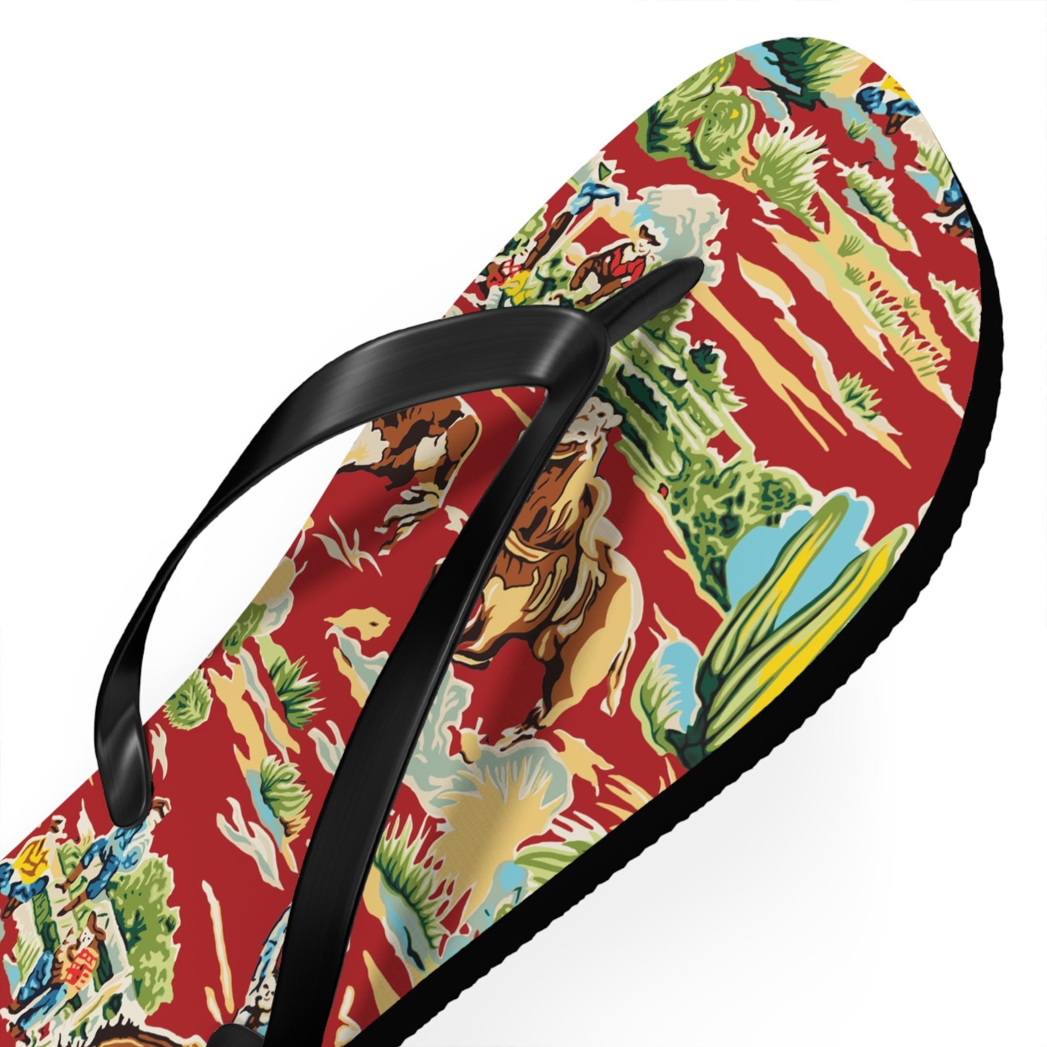 Western Cowboy Flip Flops | Vintage Cowboy & Cactus Print Sandals