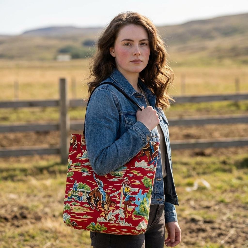 Vintage Cowboy Tote Bag, Western Horse Print Market Tote