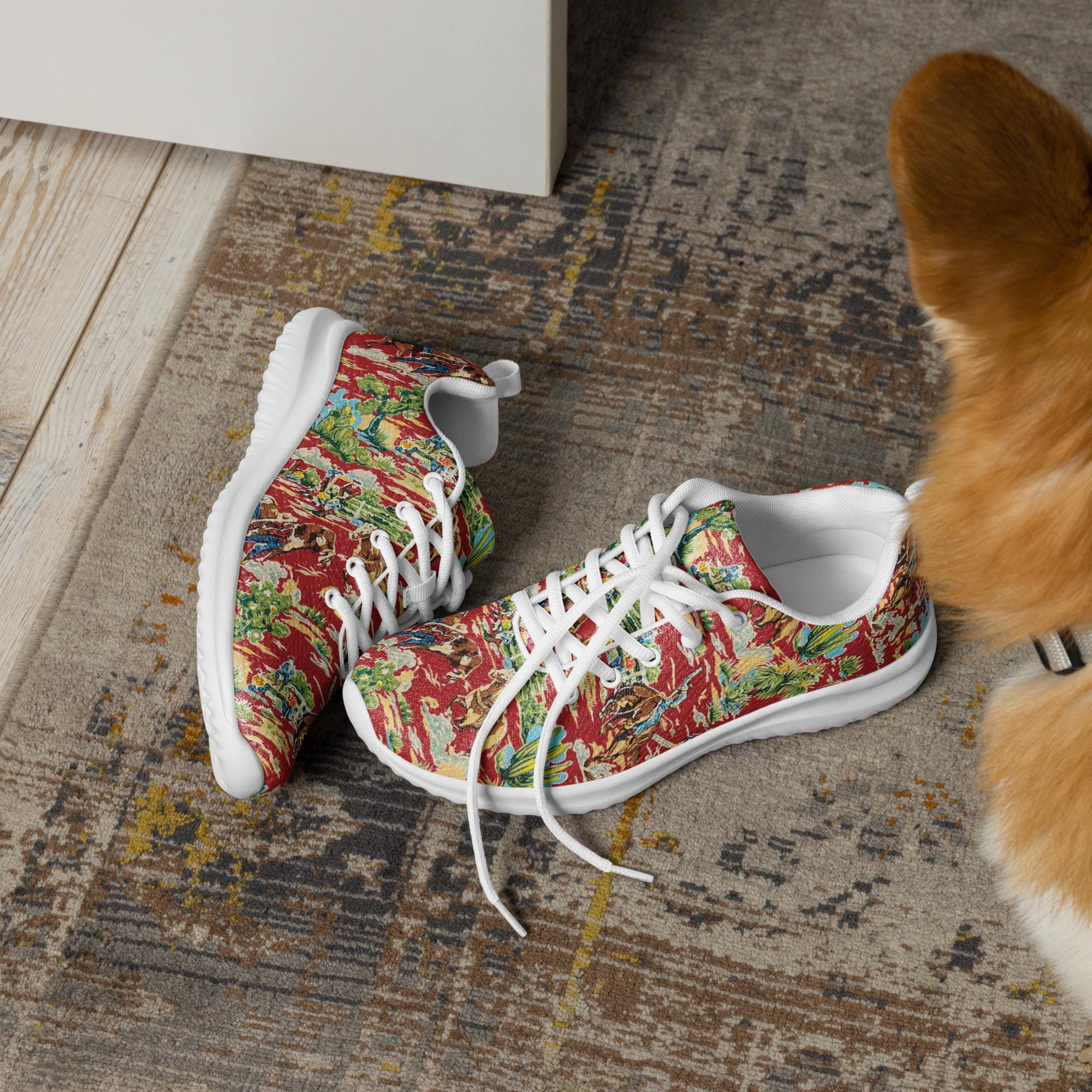 Red Vintage Cowboy Athletic Shoes | Bronc & Steer Wrestling Print Sneakers