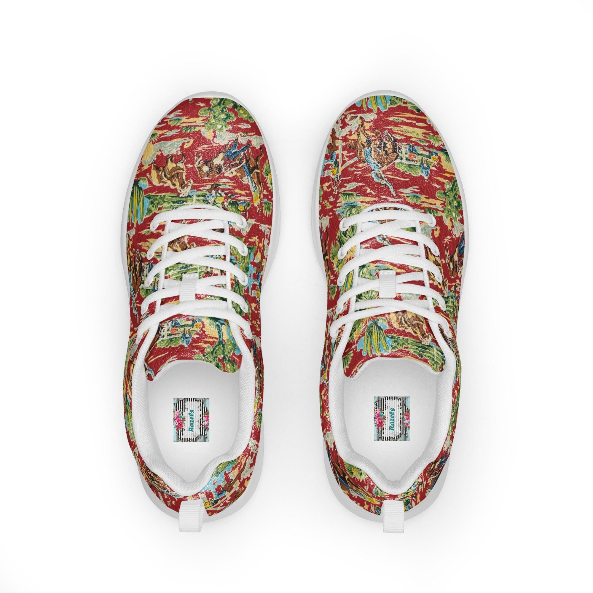 Red Vintage Cowboy Athletic Shoes | Bronc & Steer Wrestling Print Sneakers