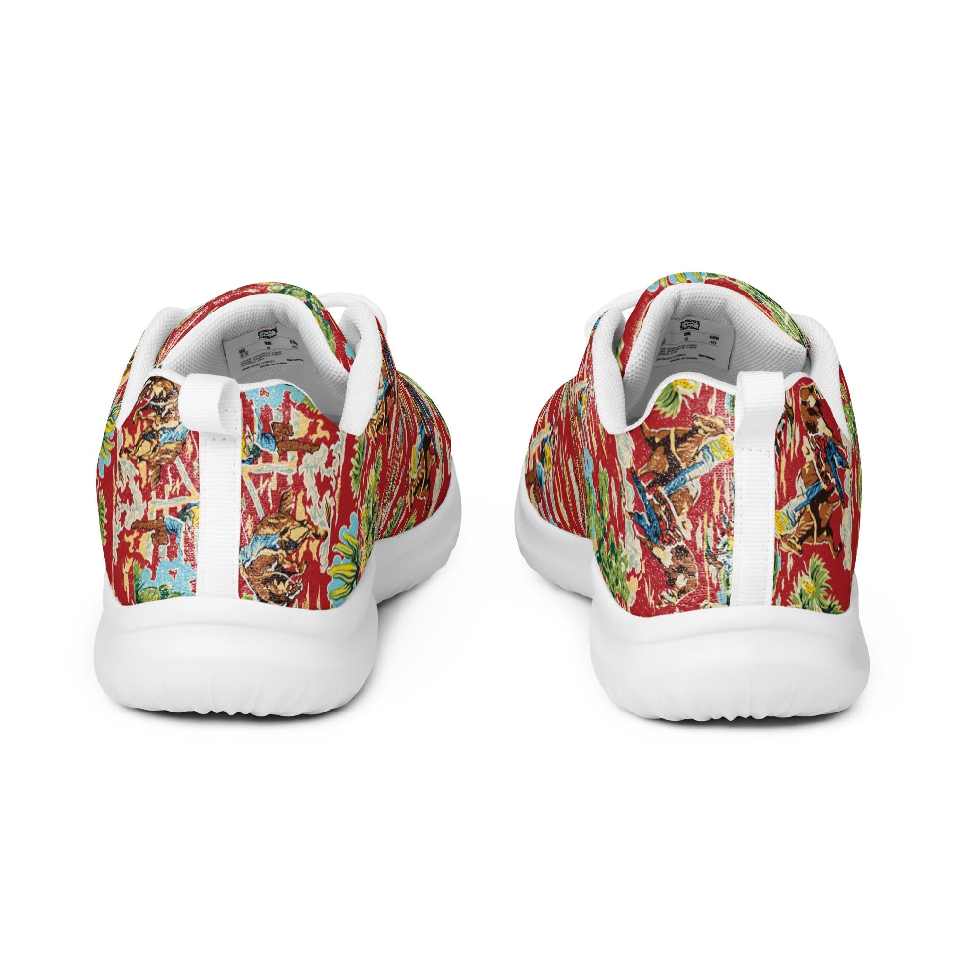 Red Vintage Cowboy Athletic Shoes | Bronc & Steer Wrestling Print Sneakers