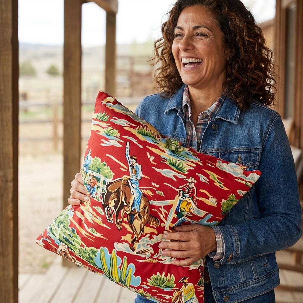 Vintage Cowboy Pillow Cover, Western Horse Rider Throw Pillow, Rustic Decor