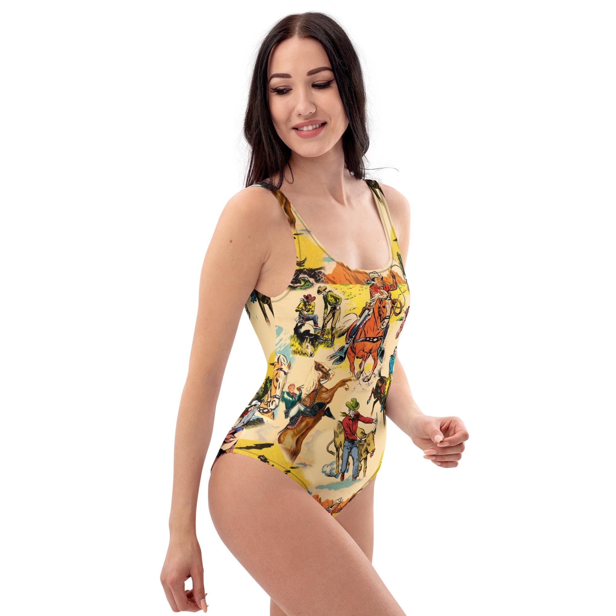 Vintage Cowboy Print One-Piece Swimsuit | Cheeky Western Bathing Suit