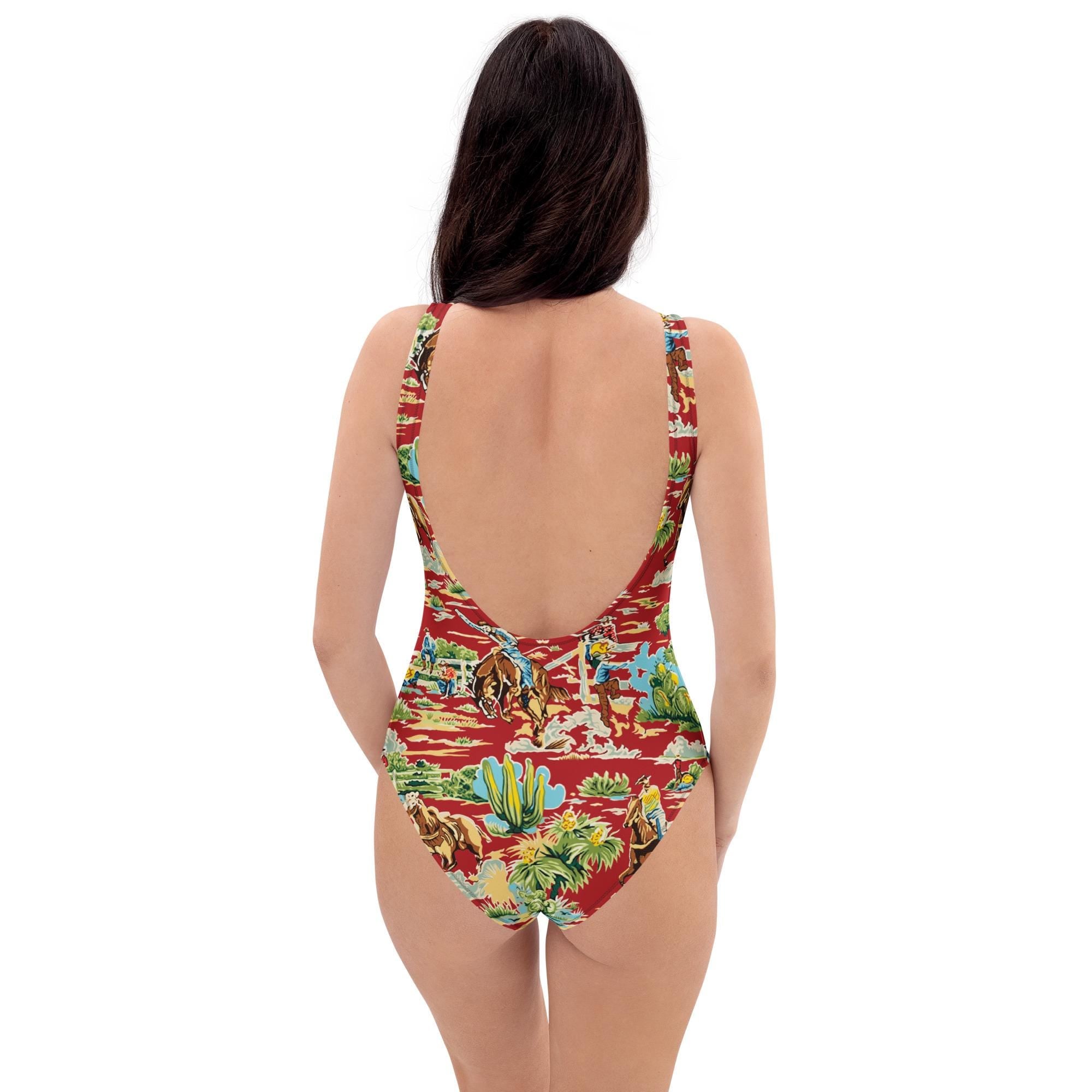 Western Swimsuit, Cowboy Print One Piece, Red Cowgirl Swimwear