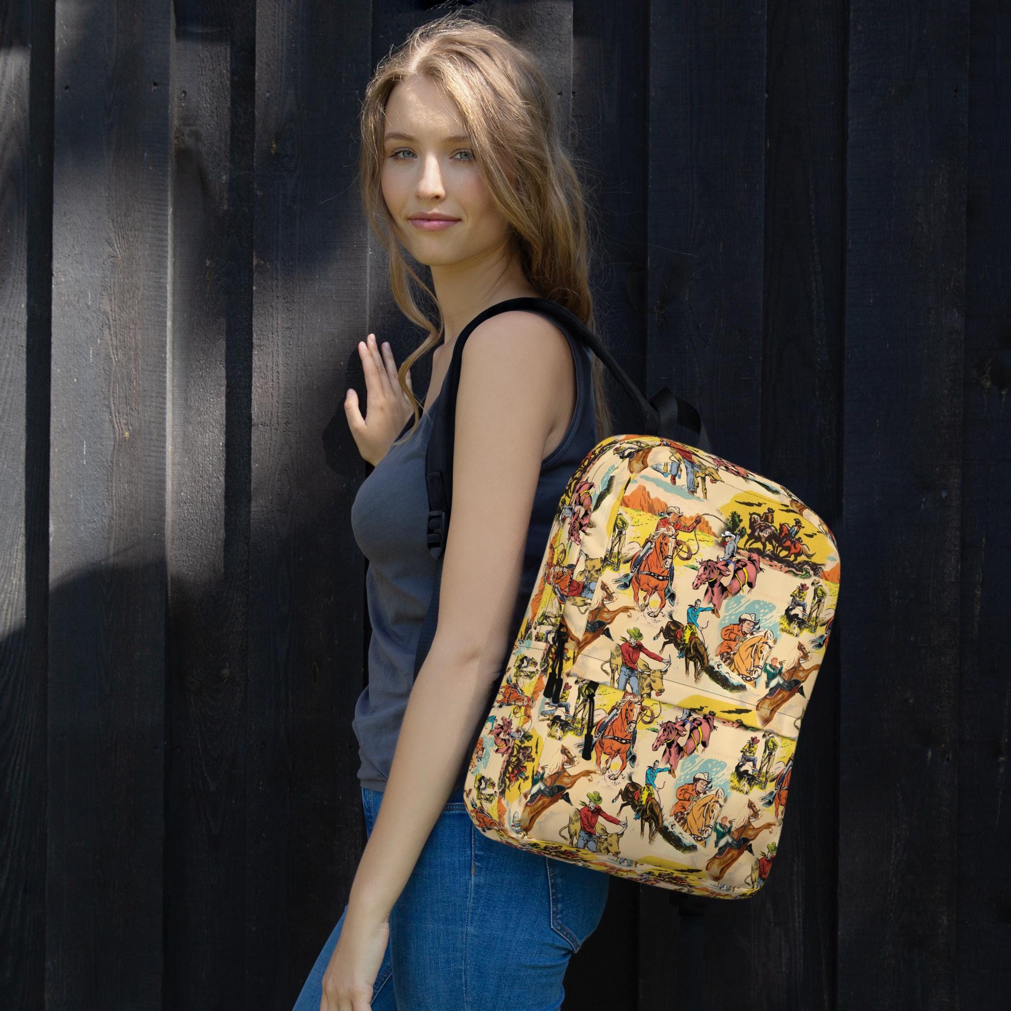 Vintage Cowboy Backpack, Western Laptop Backpack, Yellow Retro Cowboy Bag