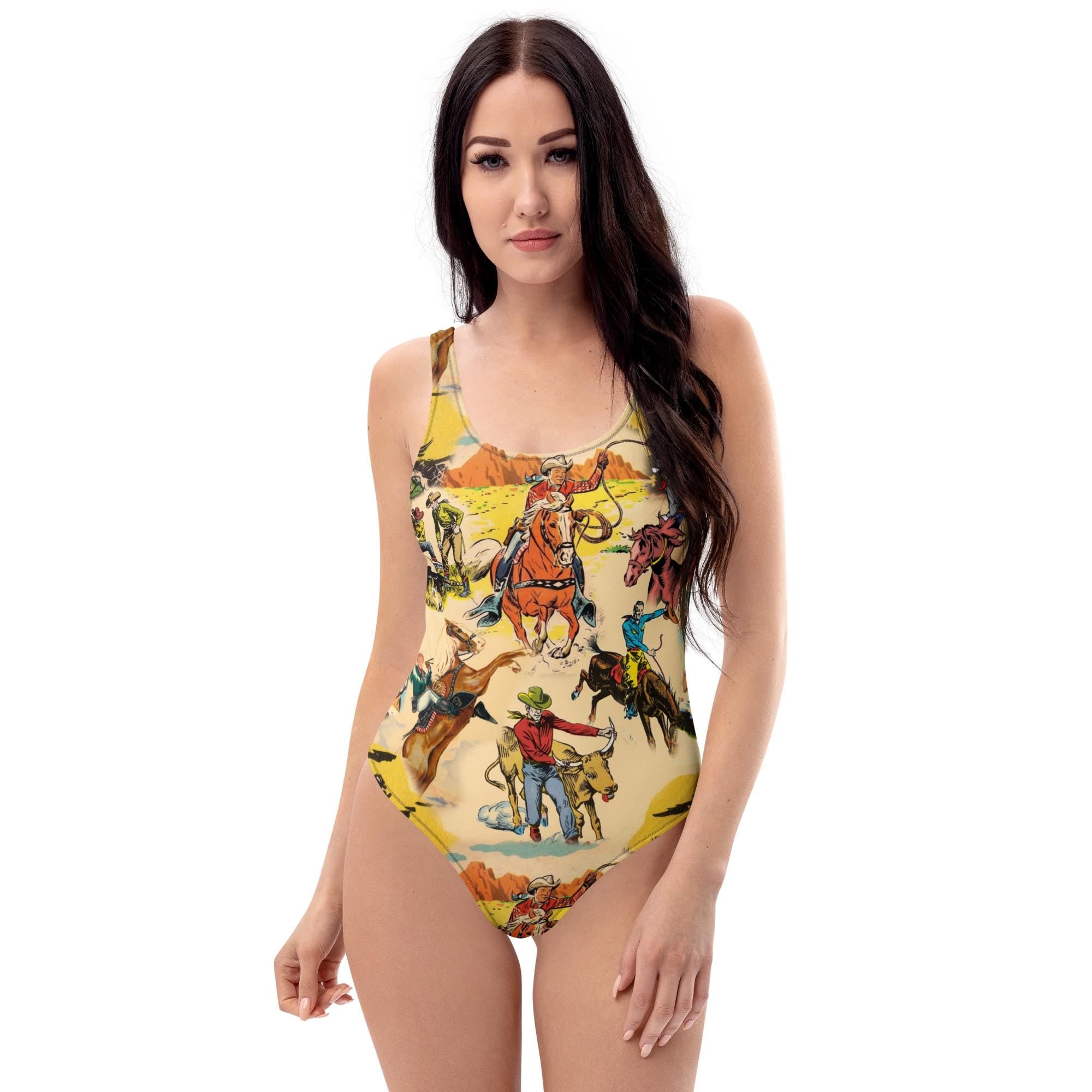Vintage Cowboy Print One-Piece Swimsuit | Cheeky Western Bathing Suit